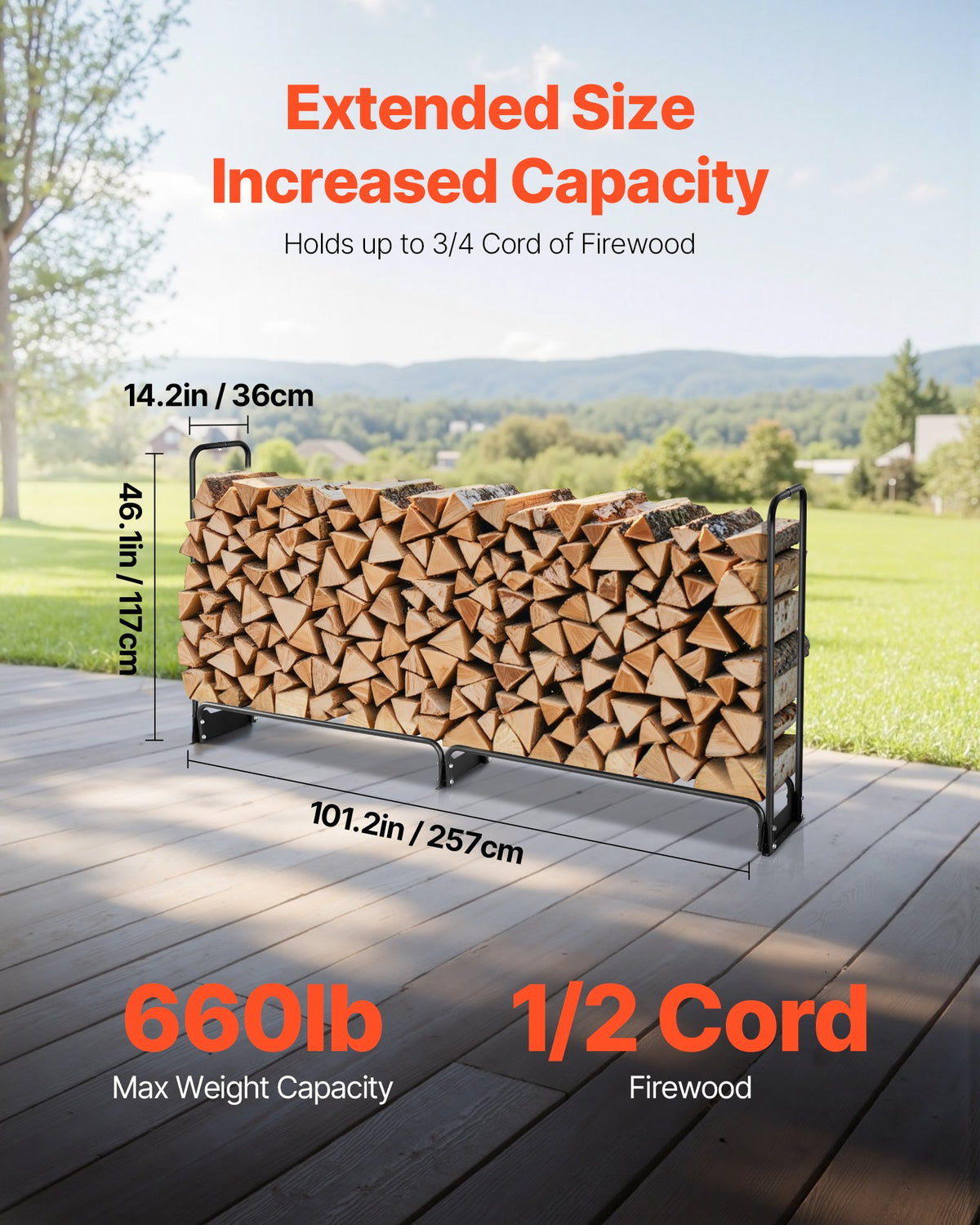 Firewood Rack with Waterproof Cover, 2.57m Outdoor Firewood Holder, 1/2 Cord Storage Metal Log Holder, 299kg V952-HWDCJ8FTPSYG1JYW6001V0