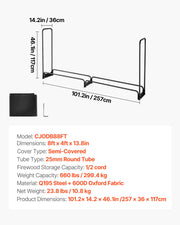 Firewood Rack with Waterproof Cover, 2.57m Outdoor Firewood Holder, 1/2 Cord Storage Metal Log Holder, 299kg V952-HWDCJ8FTPSYG1JYW6001V0