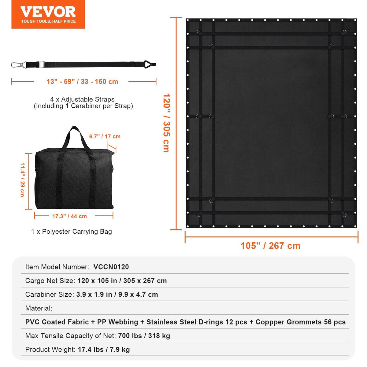 Cargo Net, 3050 x 2670 mm, Heavy Duty Truck Cargo Net for Truck Bed, 4 Adjustable Straps with Carabiners and V952-HWGDWYMESHYFSTOU0V0