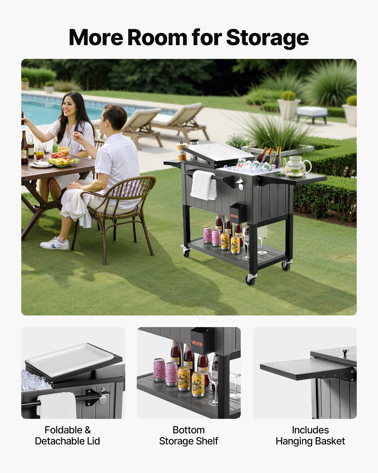 75.7L Rolling Ice Chest, Hold up to 50 Bottles / 110 Cans, Portable Patio Party Bar Drink Cooler Cart with V952-HWLQTCDZJHSHPA24Z001V0