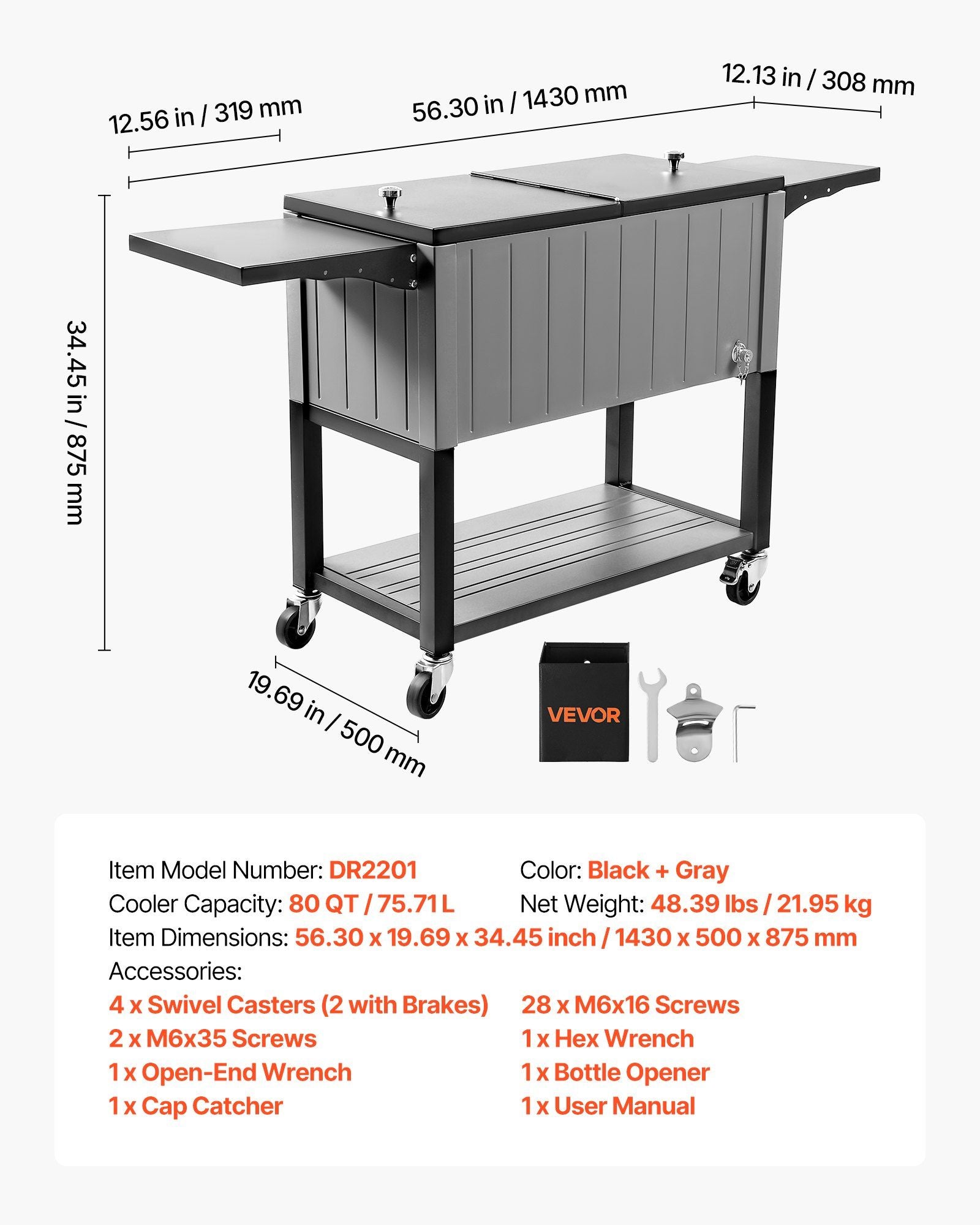 75.7L Rolling Ice Chest, Hold up to 50 Bottles / 110 Cans, Portable Patio Party Bar Drink Cooler Cart with V952-HWLQTCDZJHSHPA24Z001V0