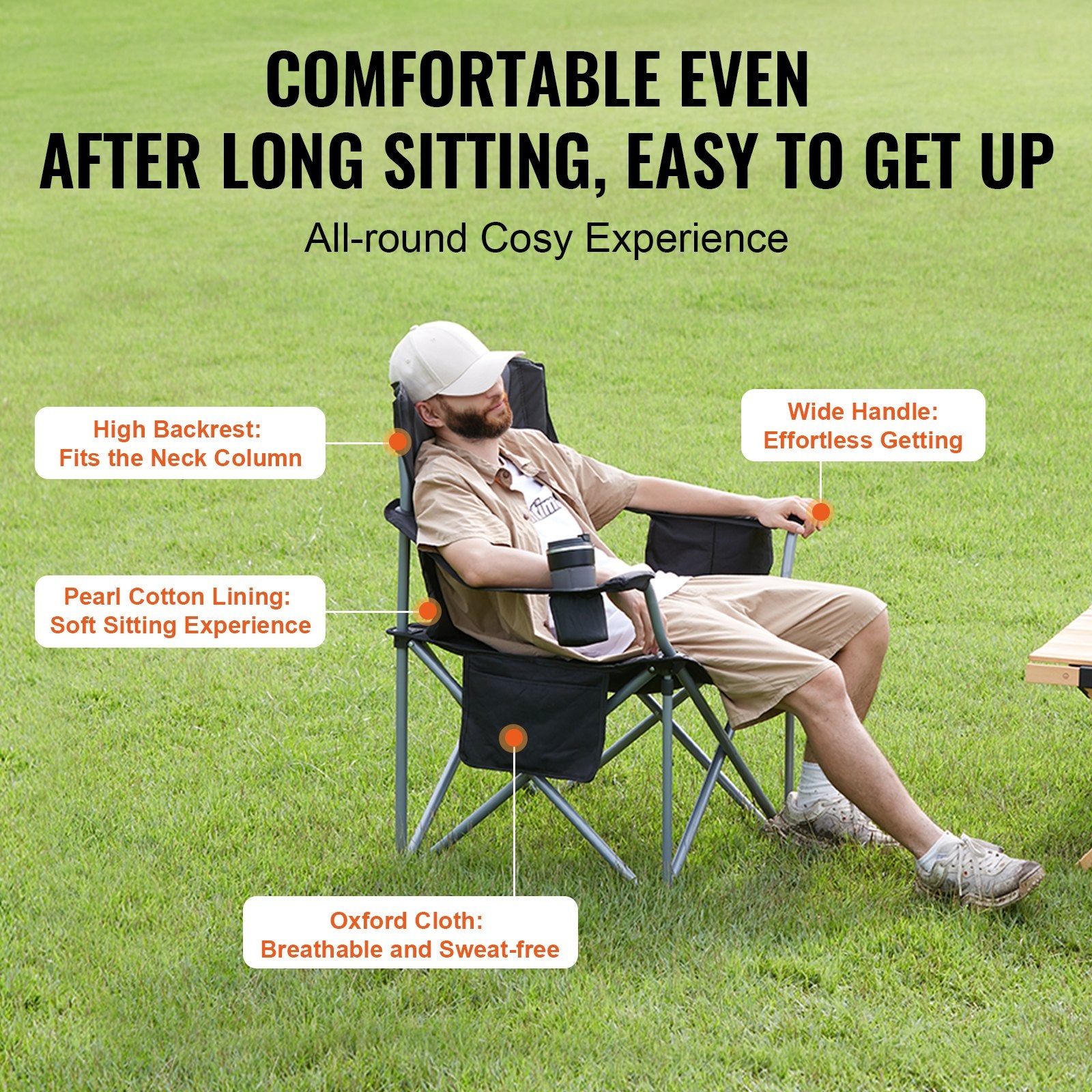 Camping Folding Chair for Adults, Portable Heavy Duty Outdoor Quad Lumbar Back Padded Arm Chairs with Side V952-HWZDYCY450LBSFODNV0