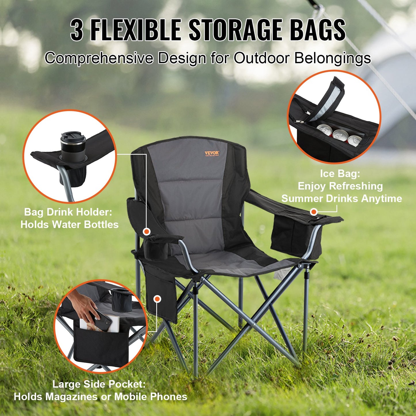 Camping Folding Chair for Adults, Portable Heavy Duty Outdoor Quad Lumbar Back Padded Arm Chairs with Side V952-HWZDYCY450LBSFODNV0