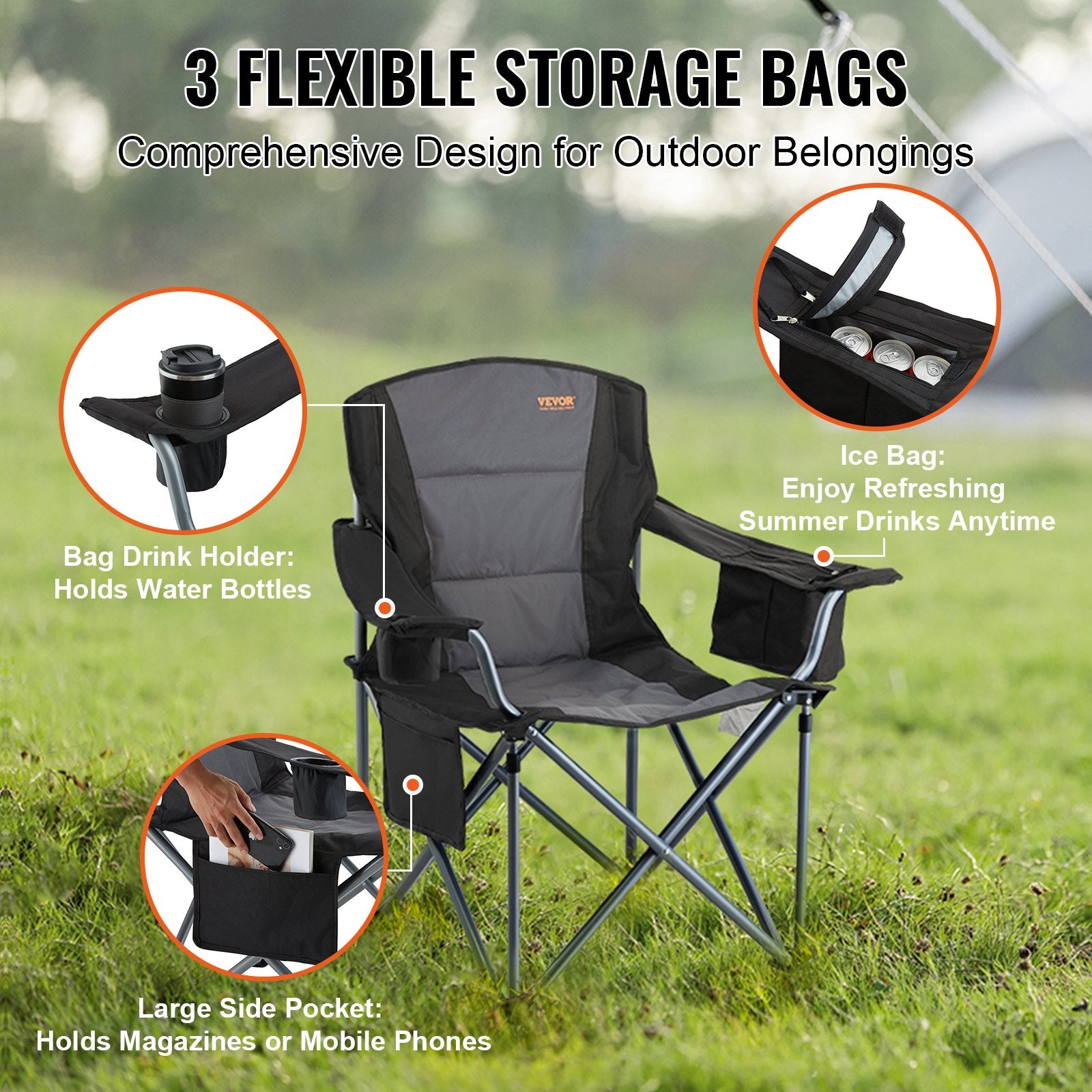 Camping Folding Chair for Adults, Portable Heavy Duty Outdoor Quad Lumbar Back Padded Arm Chairs with Side V952-HWZDYCY450LBSFODNV0