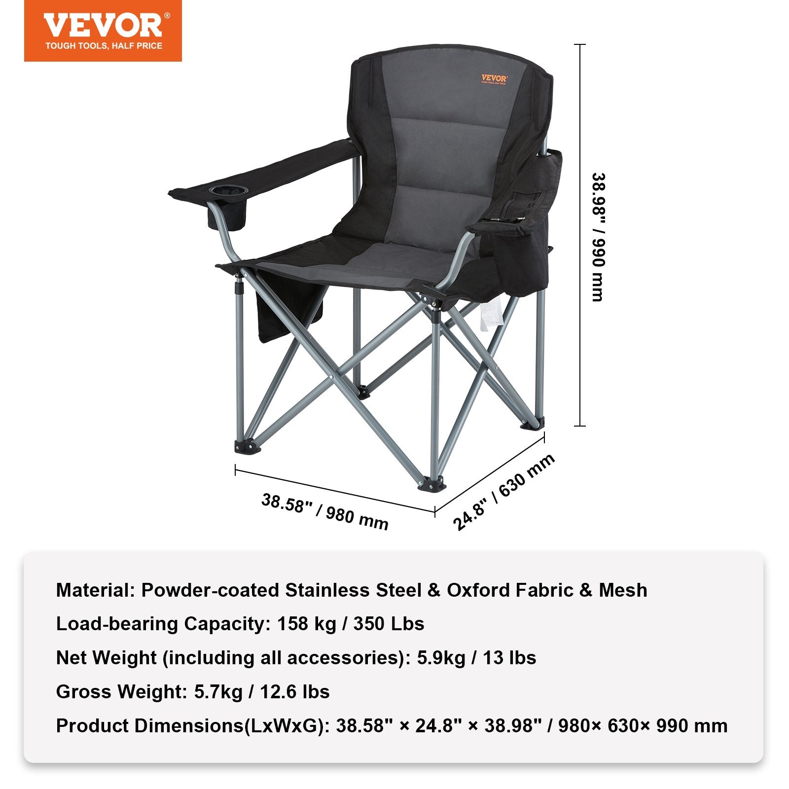 Camping Folding Chair for Adults, Portable Heavy Duty Outdoor Quad Lumbar Back Padded Arm Chairs with Side V952-HWZDYCY450LBSFODNV0
