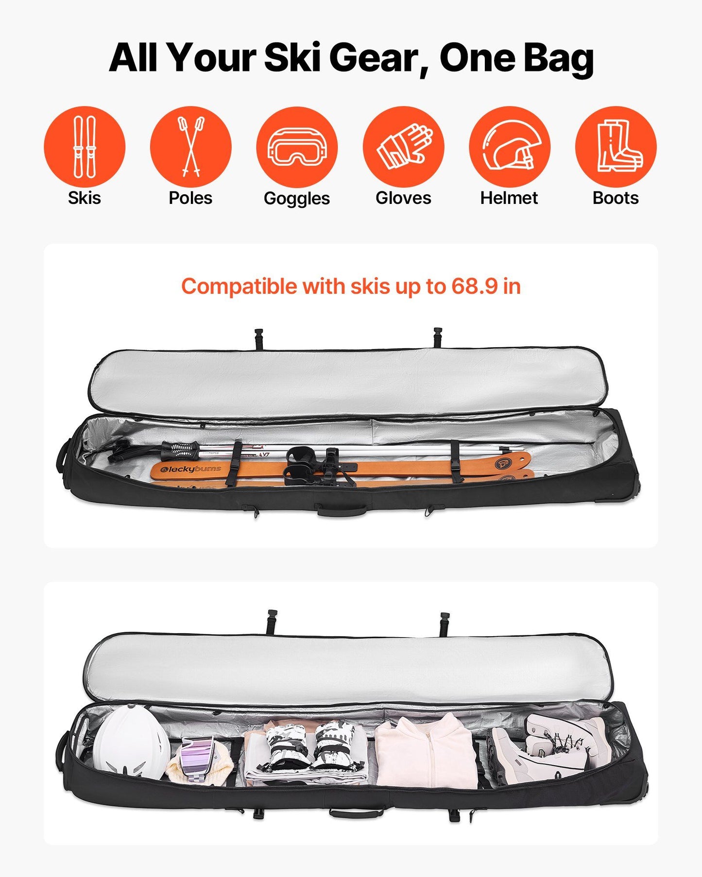 Ski Roller Bag, Up to 74.8 in/190 cm, Padded Snowboard Bag with Wheels for Air Travel, 600D Waterproof Oxford V952-HXYJBXBB190C26CMJ001V0
