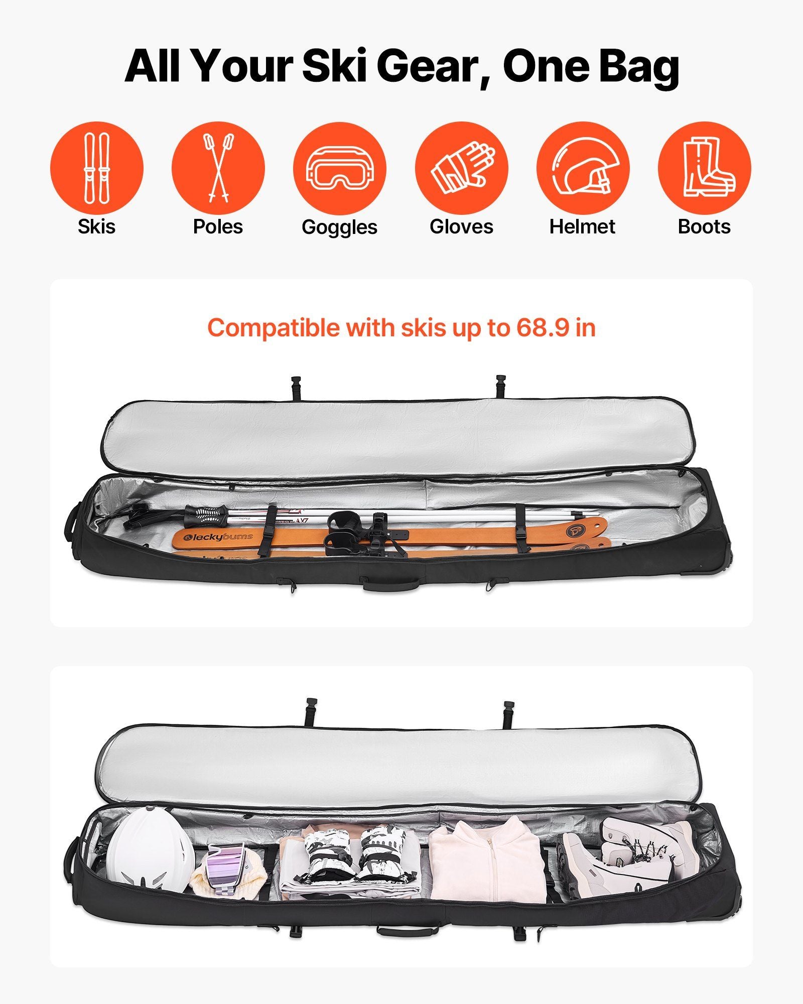 Ski Roller Bag, Up to 74.8 in/190 cm, Padded Snowboard Bag with Wheels for Air Travel, 600D Waterproof Oxford V952-HXYJBXBB190C26CMJ001V0