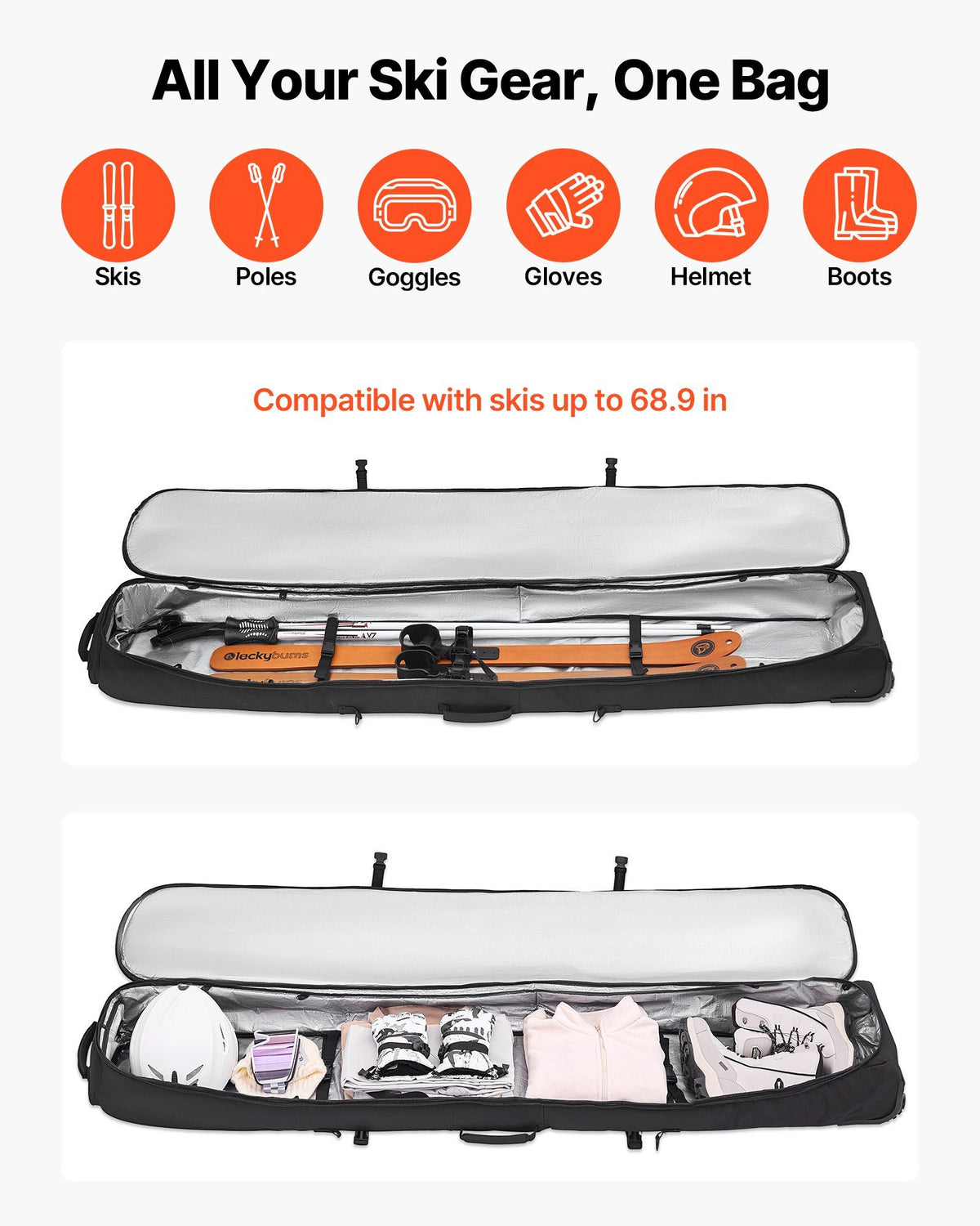 Ski Roller Bag, Up to 74.8 in/190 cm, Padded Snowboard Bag with Wheels for Air Travel, 600D Waterproof Oxford V952-HXYJBXBB190C26CMJ001V0