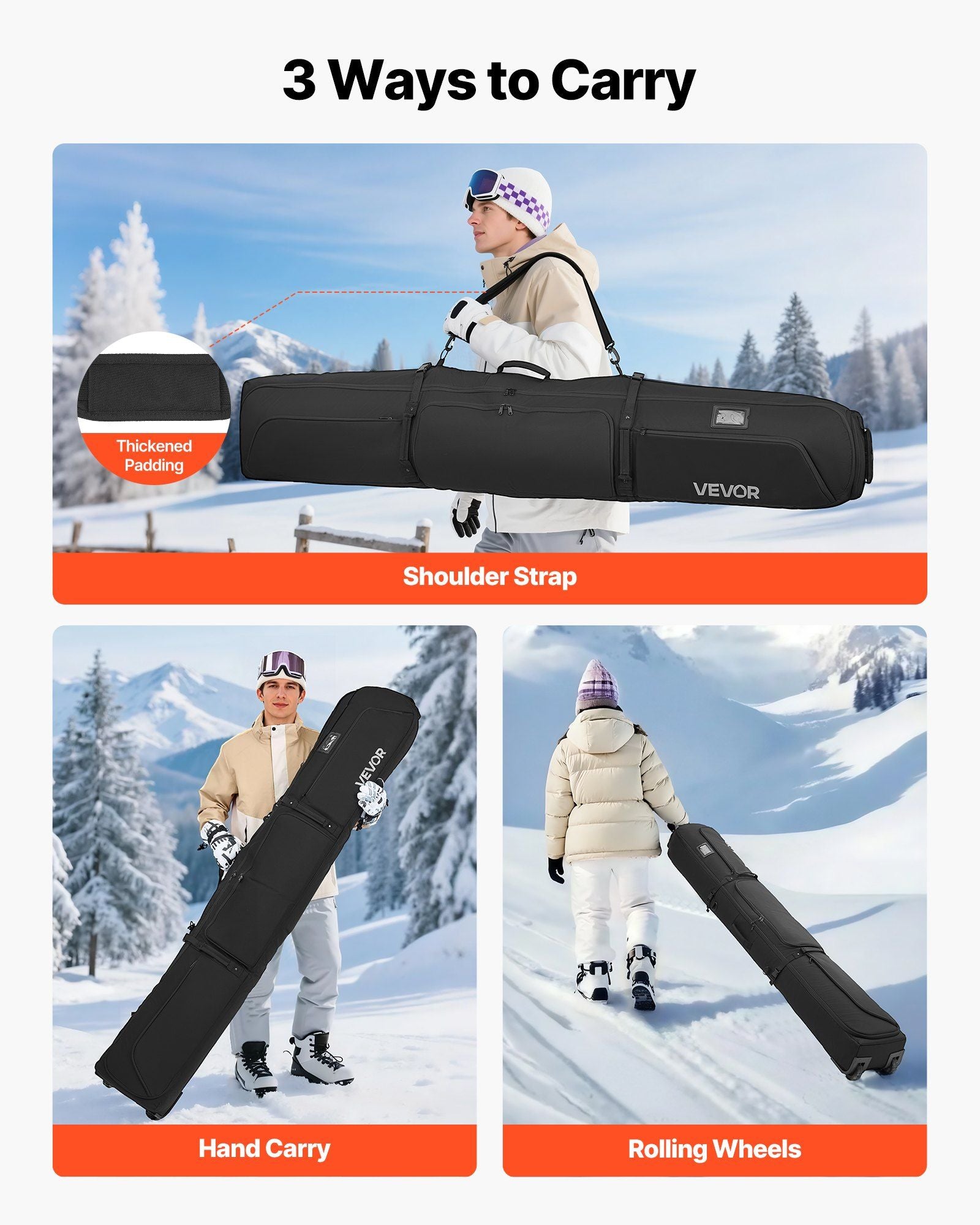Ski Roller Bag, Up to 74.8 in/190 cm, Padded Snowboard Bag with Wheels for Air Travel, 600D Waterproof Oxford V952-HXYJBXBB190C26CMJ001V0