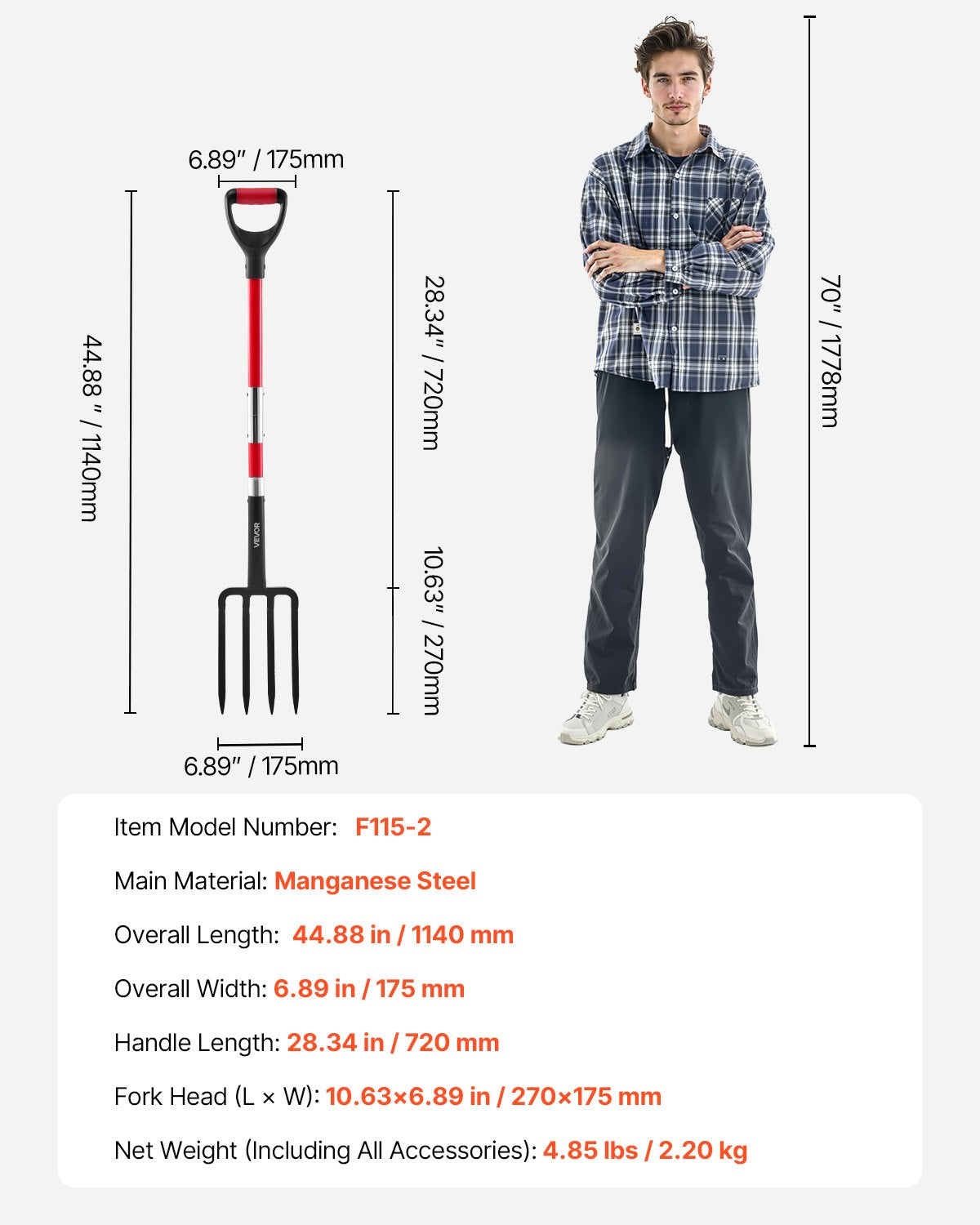 4 Tines Garden Fork Fiberglass Handle 45 in Spading Pitchfork Heavy Duty V952-HYCWJCGC4C1JX8KB8001V0