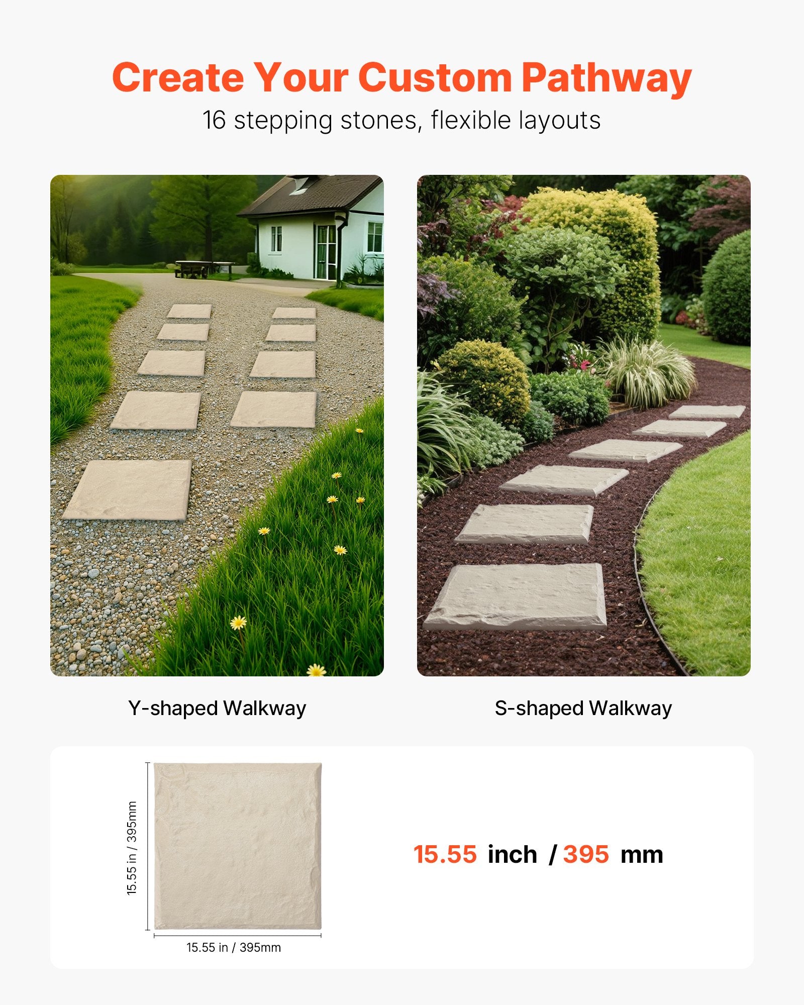 Garden Stepping Stones, 16Pcs 39.5x39.5 cm, Decorative Stepping Stones with Stakes, Weather-Resistant Plastic V952-HYDJS16PCSZF1L4W6001V0