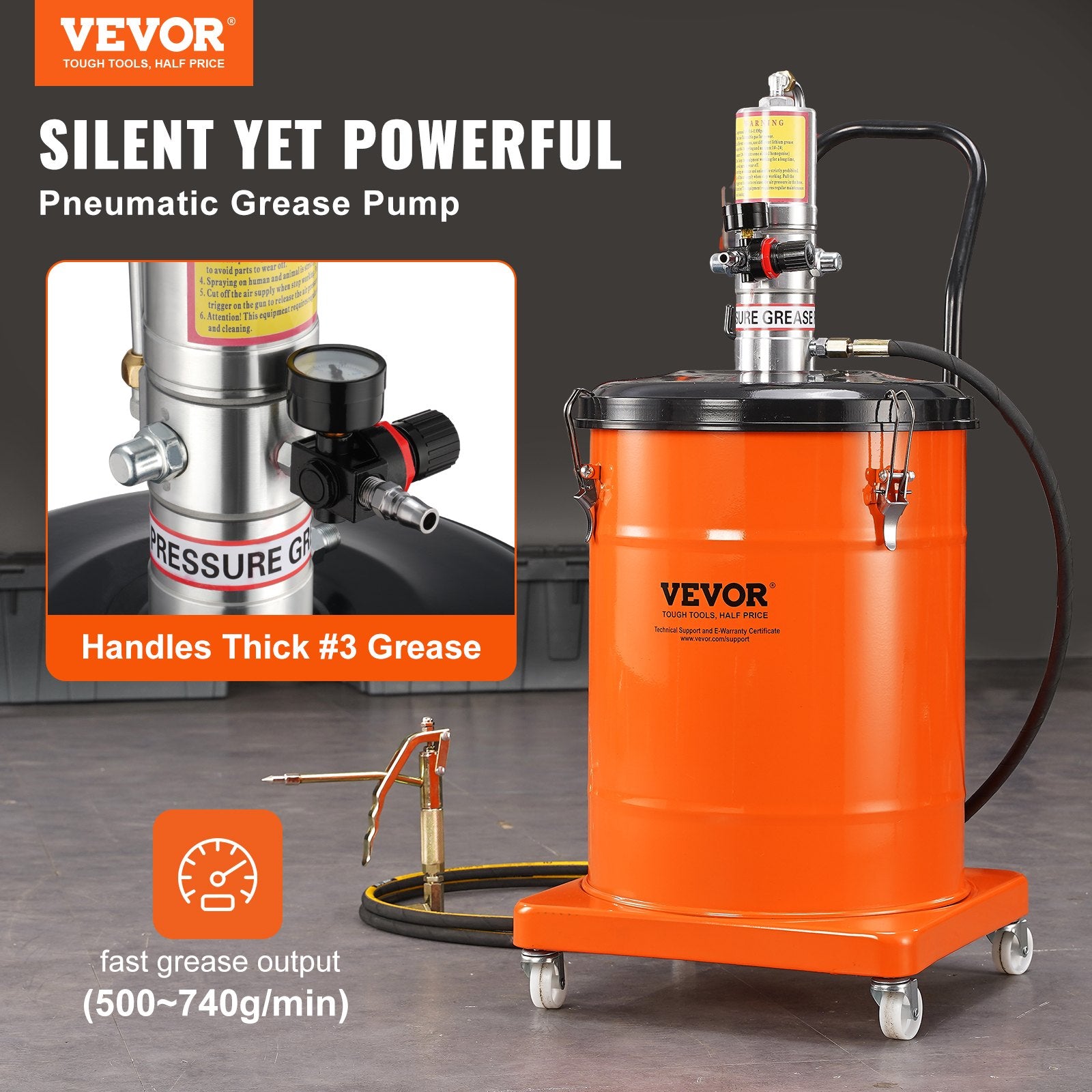Grease Pump, 40L Capacity, Air Operated Grease Pump with 3.88 m High Pressure Hose and Grease Gun, Pneumatic V952-HYJ10JLDT000J2IBRV0
