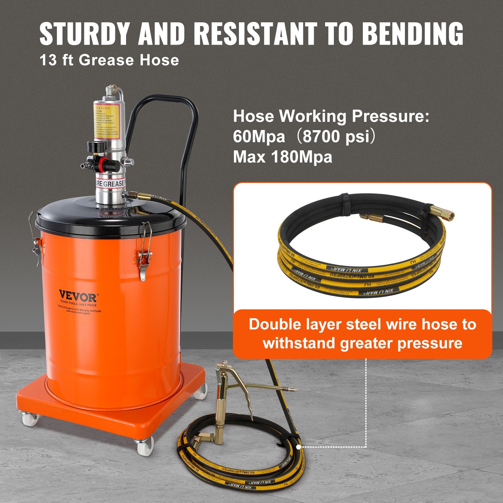 Grease Pump, 40L Capacity, Air Operated Grease Pump with 3.88 m High Pressure Hose and Grease Gun, Pneumatic V952-HYJ10JLDT000J2IBRV0