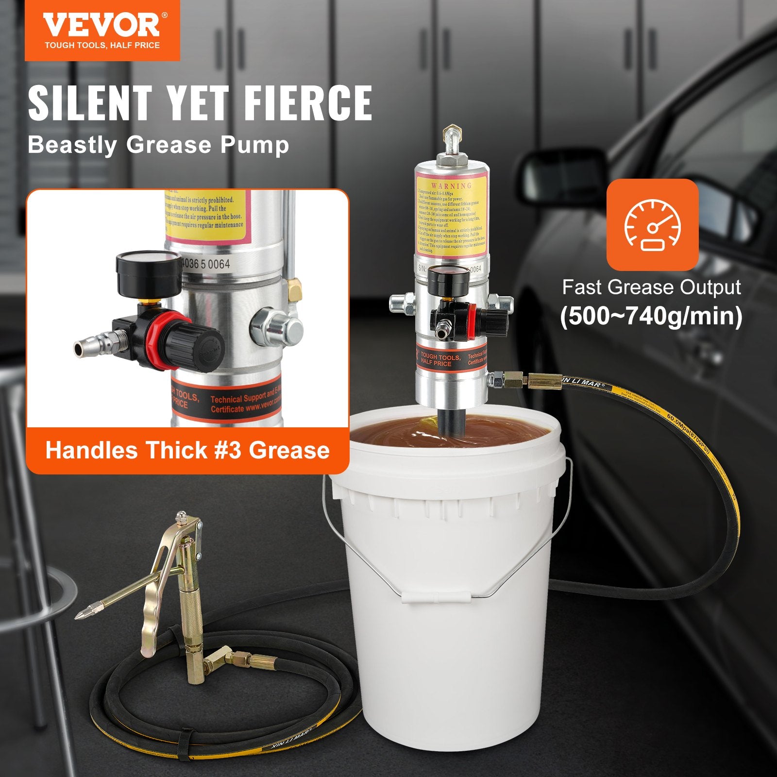 Grease Pump, 50:1 Pressure Ratio Air Operated Grease Pump with 3.88 m High Pressure Hose and Grease Gun, V952-HYJLB0000000WGVWQV0