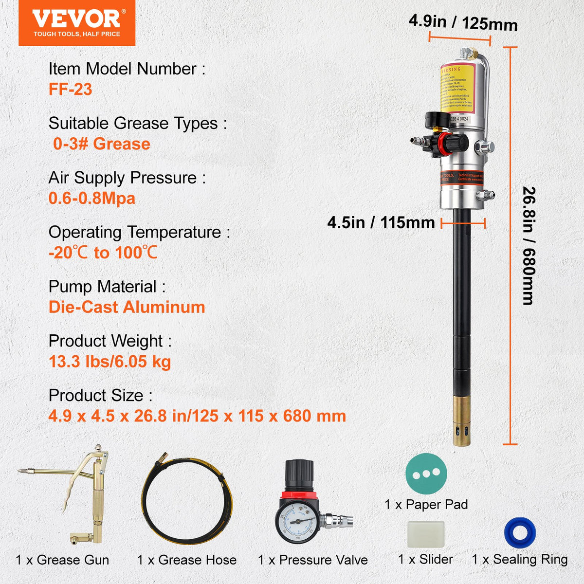 Grease Pump, 50:1 Pressure Ratio Air Operated Grease Pump with 3.88 m High Pressure Hose and Grease Gun, V952-HYJLB0000000WGVWQV0