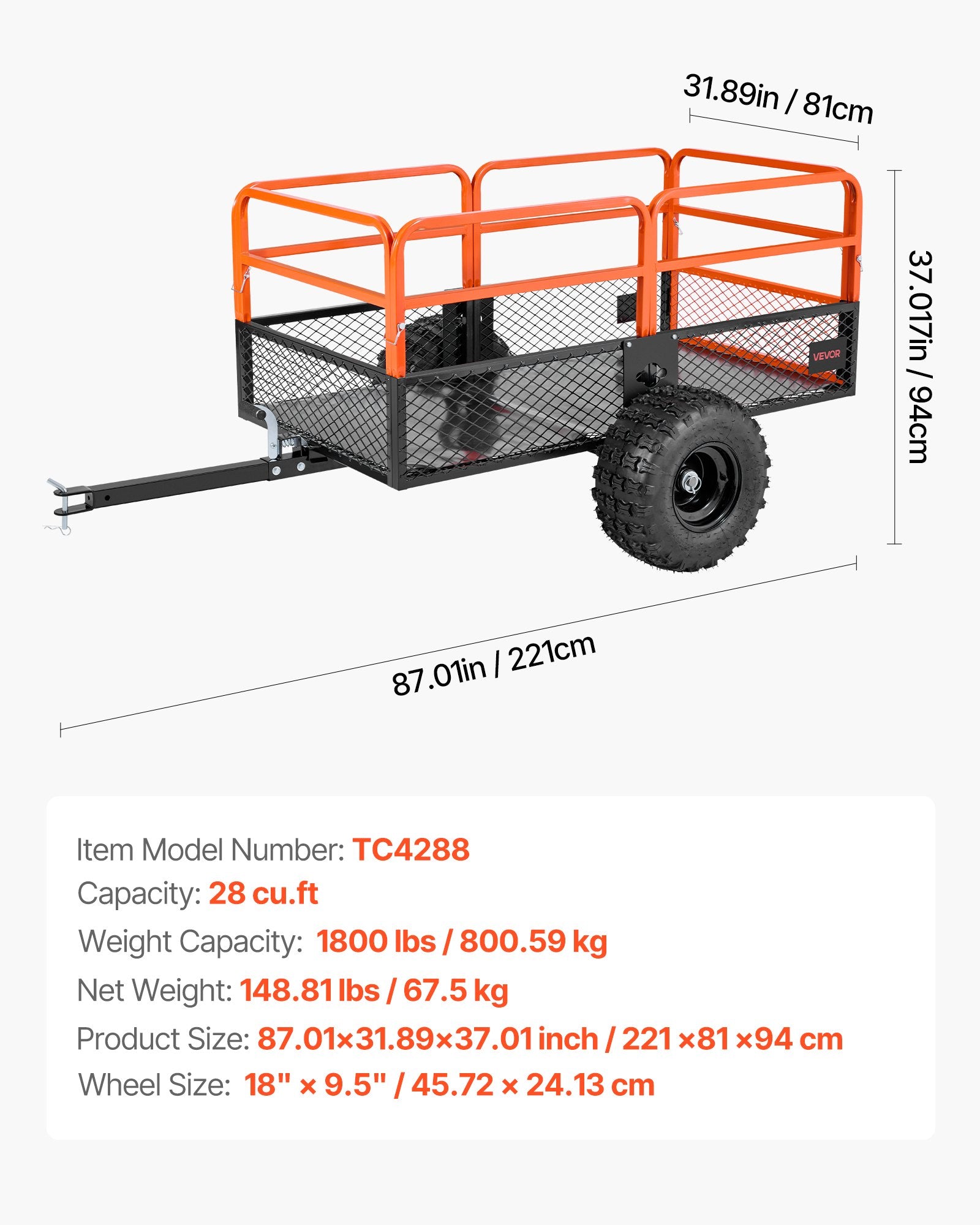 Garden Utility Trailer, 28 Cu. Ft. & 800 kg, ATV UTV Trailer, Tow Behind Steel Dump Trailers, Removable Rear V952-HYTCHCWGK28C4MJ2B001V0