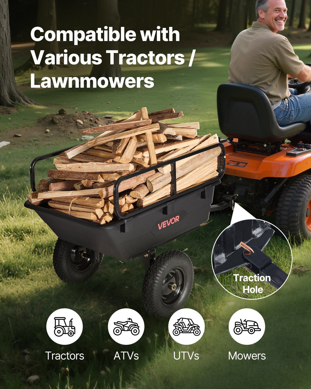 Garden Utility Trailer, 10 Cu. Ft 227 kg, ATV UTV Hauling Trailer, Tow Behind Poly Dump Cart with 16" Tires, V952-HYTCHSSL10CUFU8JW001V0