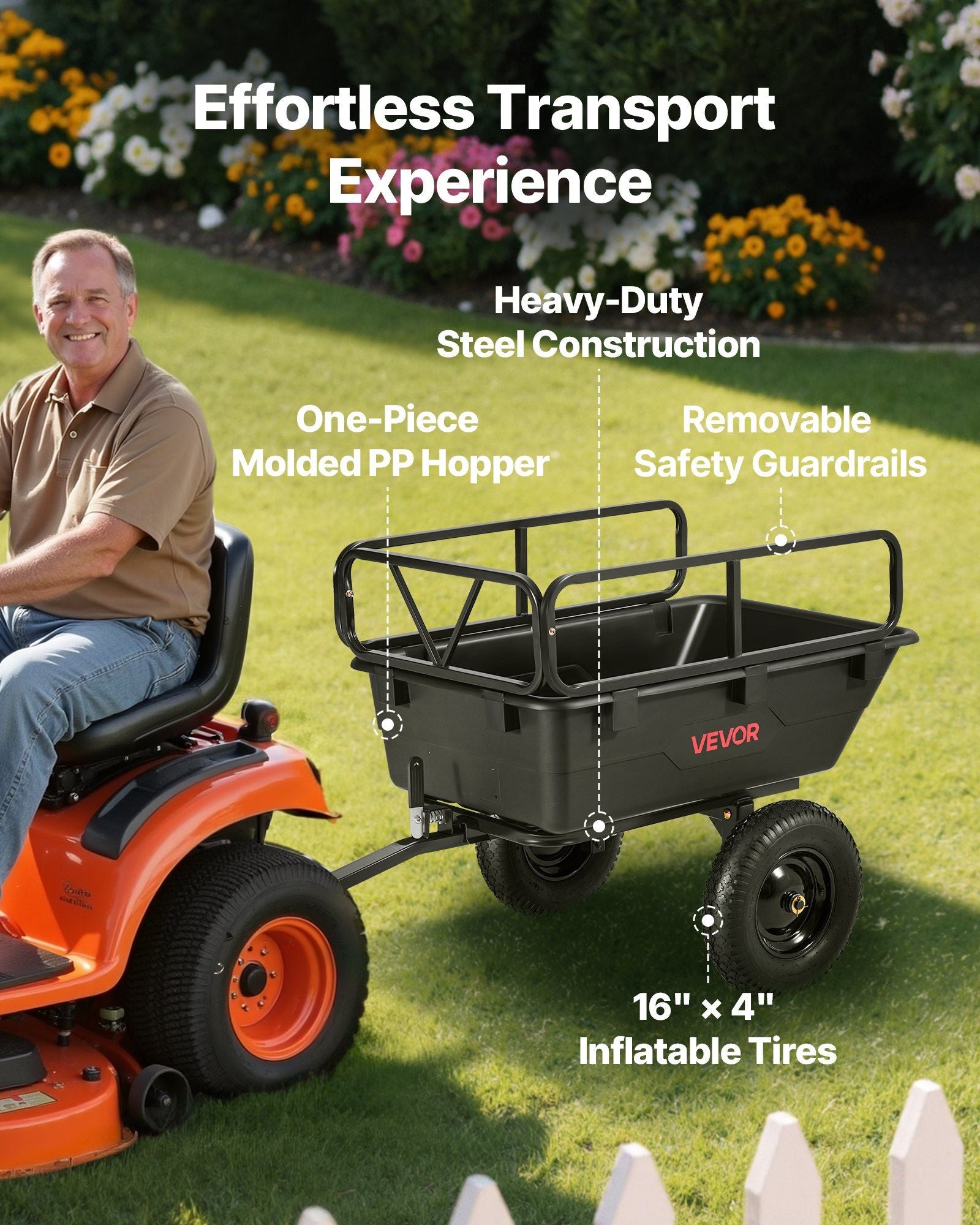 Garden Utility Trailer, 10 Cu. Ft 227 kg, ATV UTV Hauling Trailer, Tow Behind Poly Dump Cart with 16" Tires, V952-HYTCHSSL10CUFU8JW001V0
