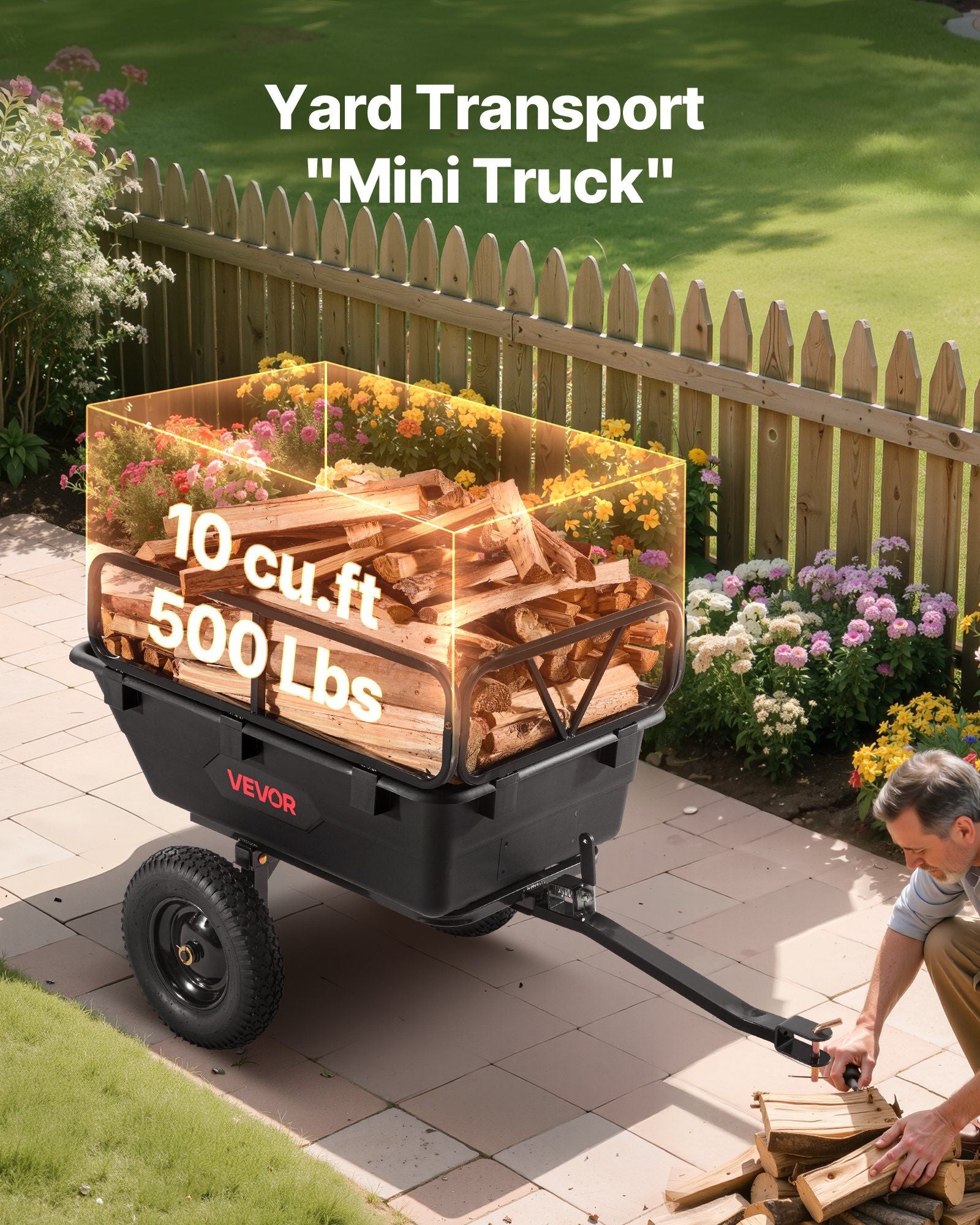 Garden Utility Trailer, 10 Cu. Ft 227 kg, ATV UTV Hauling Trailer, Tow Behind Poly Dump Cart with 16" Tires, V952-HYTCHSSL10CUFU8JW001V0
