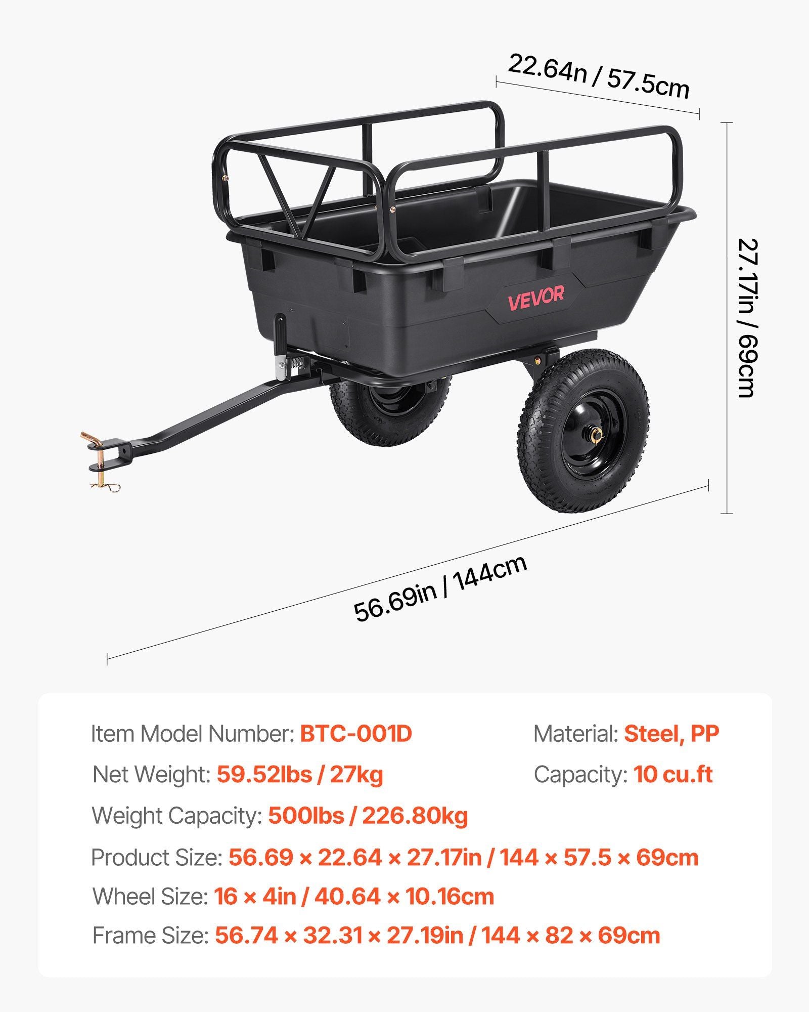 Garden Utility Trailer, 10 Cu. Ft 227 kg, ATV UTV Hauling Trailer, Tow Behind Poly Dump Cart with 16" Tires, V952-HYTCHSSL10CUFU8JW001V0
