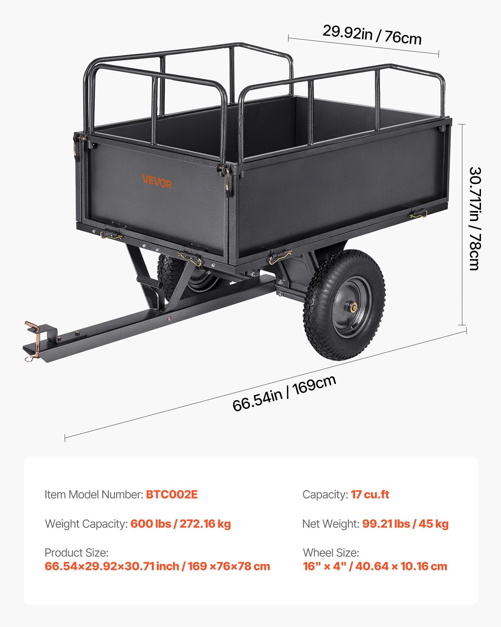 Garden Utility Trailer, 17 Cu. Ft & 272 kg Capacity, ATV UTV Hauling Trailer, Tow Behind Steel Dump Cart with V952-HYTCHSTPK17CFT3NV001V0