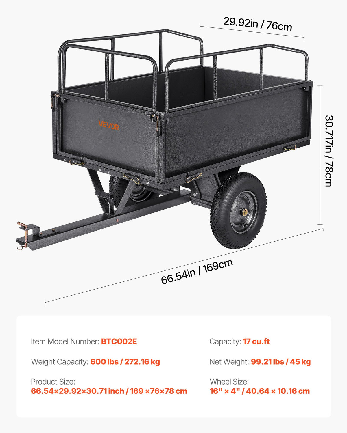 Garden Utility Trailer, 17 Cu. Ft & 272 kg Capacity, ATV UTV Hauling Trailer, Tow Behind Steel Dump Cart with V952-HYTCHSTPK17CFT3NV001V0