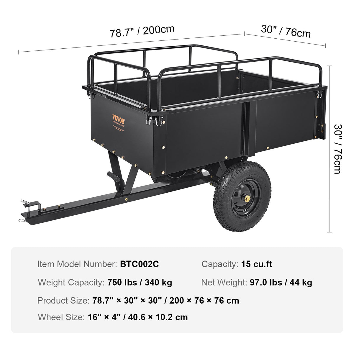 Heavy Duty ATV Trailer Steel Dump Cart, 750-Pound 15 Cubic Feet, Garden Utility Trailer with Removable Sides V952-HYTCTPK12CUFTVB4CV0