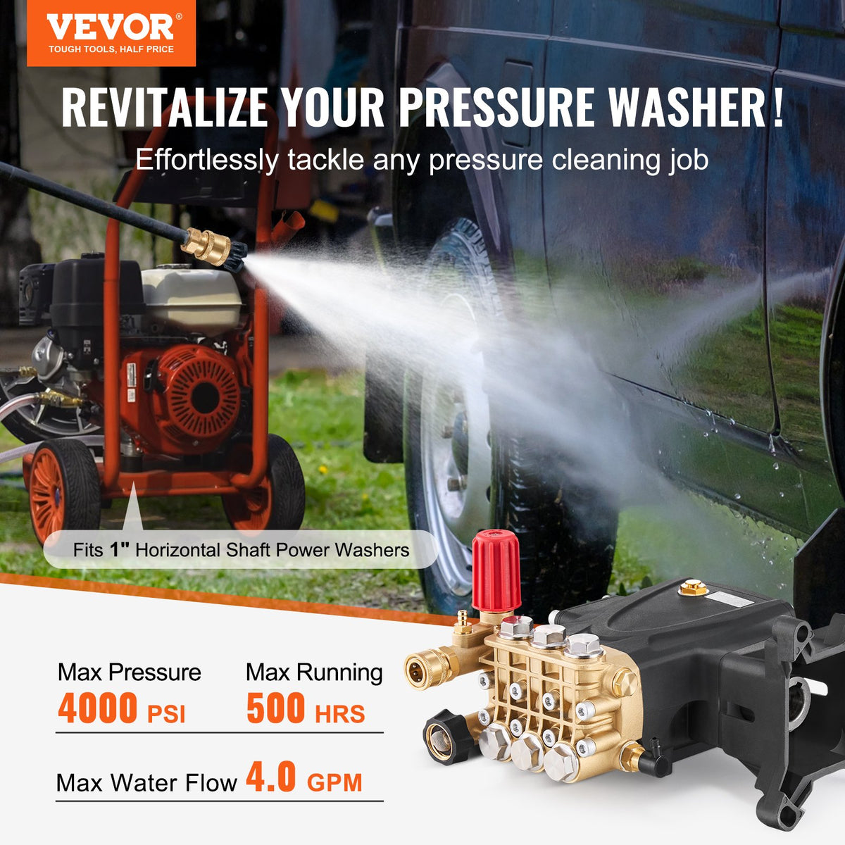 Pressure Washer Pump, 1" Shaft Horizontal Triplex Plunger, 4000 PSI, 4.0GPM, Replacement Power Washer Pumps V952-HZQZB4GPM1INPDKZMV0
