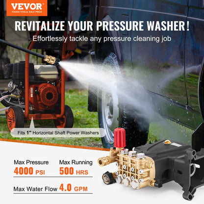 Pressure Washer Pump, 1" Shaft Horizontal Triplex Plunger, 4000 PSI, 4.0GPM, Replacement Power Washer Pumps V952-HZQZB4GPM1INPDKZMV0