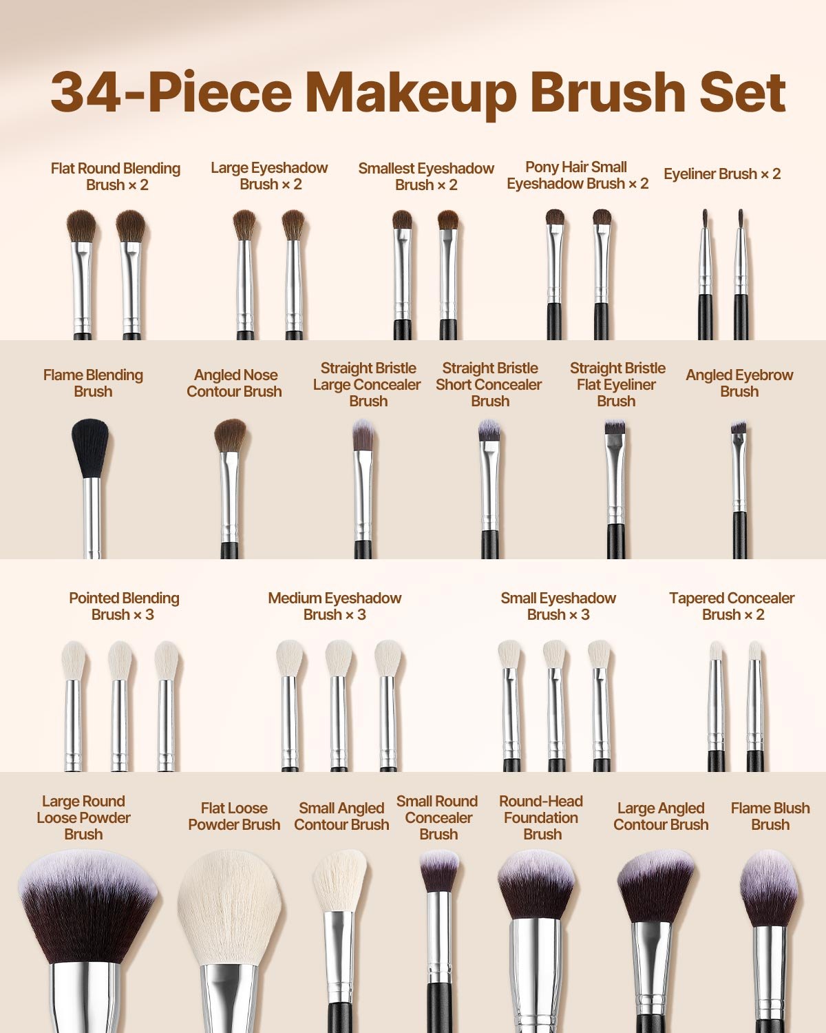 34-Piece Makeup Brush Set, Professional Brushes Kit for Foundation Blending Eyeshadow Concealer Blush - with V952-HZSTZHZSTZDWX383D001V0