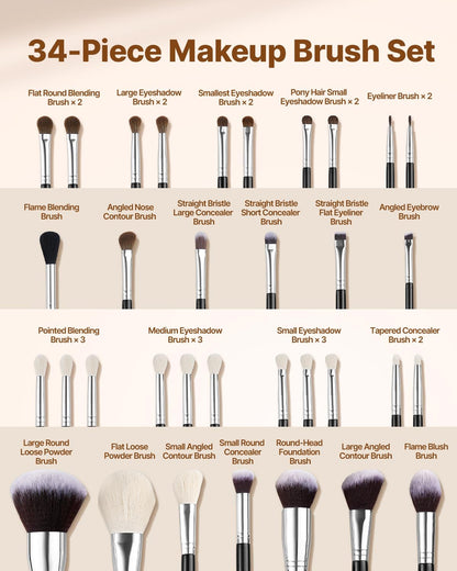 34-Piece Makeup Brush Set, Professional Brushes Kit for Foundation Blending Eyeshadow Concealer Blush - with V952-HZSTZHZSTZDWX383D001V0