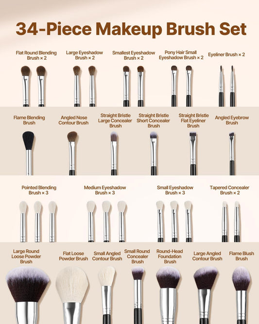 34-Piece Makeup Brush Set, Professional Brushes Kit for Foundation Blending Eyeshadow Concealer Blush - with V952-HZSTZHZSTZDWX383D001V0