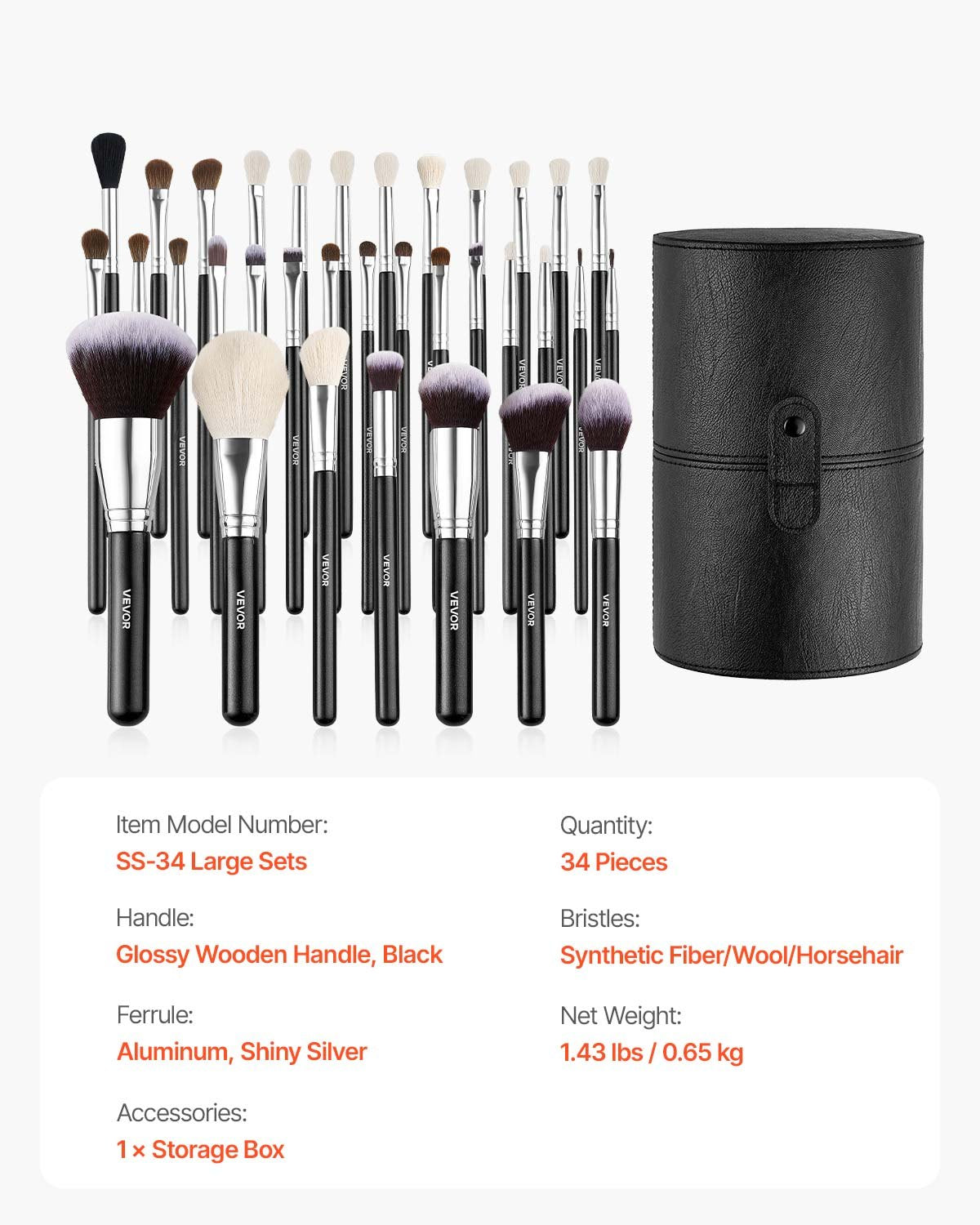 34-Piece Makeup Brush Set, Professional Brushes Kit for Foundation Blending Eyeshadow Concealer Blush - with V952-HZSTZHZSTZDWX383D001V0