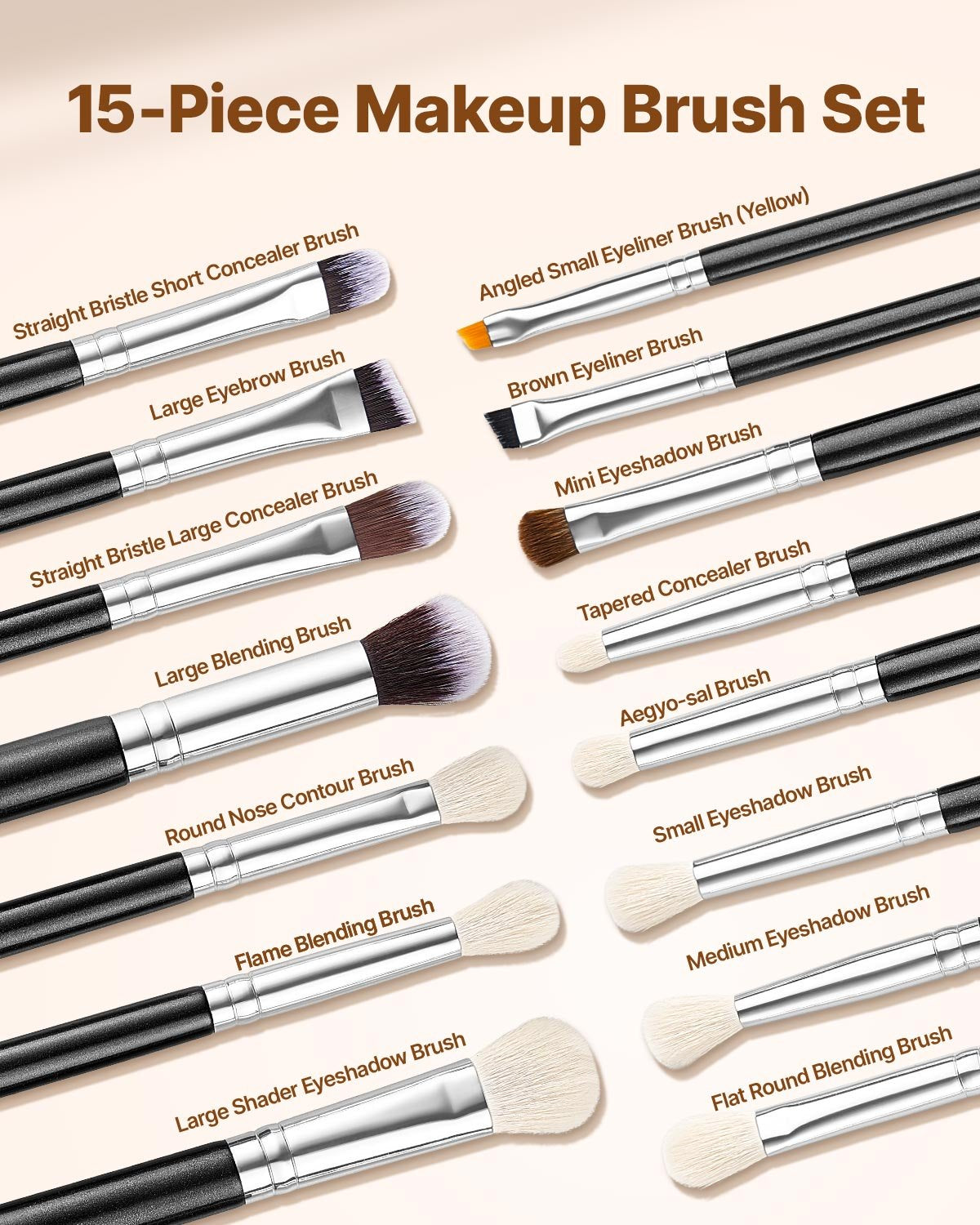 15-Piece Makeup Brush Set for Foundation Blending Eyeshadow, Professional Vegan Brushes with Soft Synthetic V952-HZSTZXJSTZHCPXXSI001V0