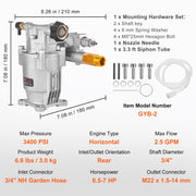 Pressure Washer Pump, 19 mm Shaft Horizontal, 3400 PSI, 2.5GPM, Replacement Power Washer Pumps Kit, Parts V952-HZXPBHZ34INCHU81SV0