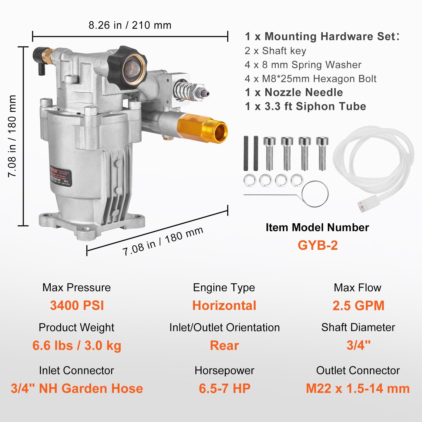 Pressure Washer Pump, 19 mm Shaft Horizontal, 3400 PSI, 2.5GPM, Replacement Power Washer Pumps Kit, Parts V952-HZXPBHZ34INCHU81SV0