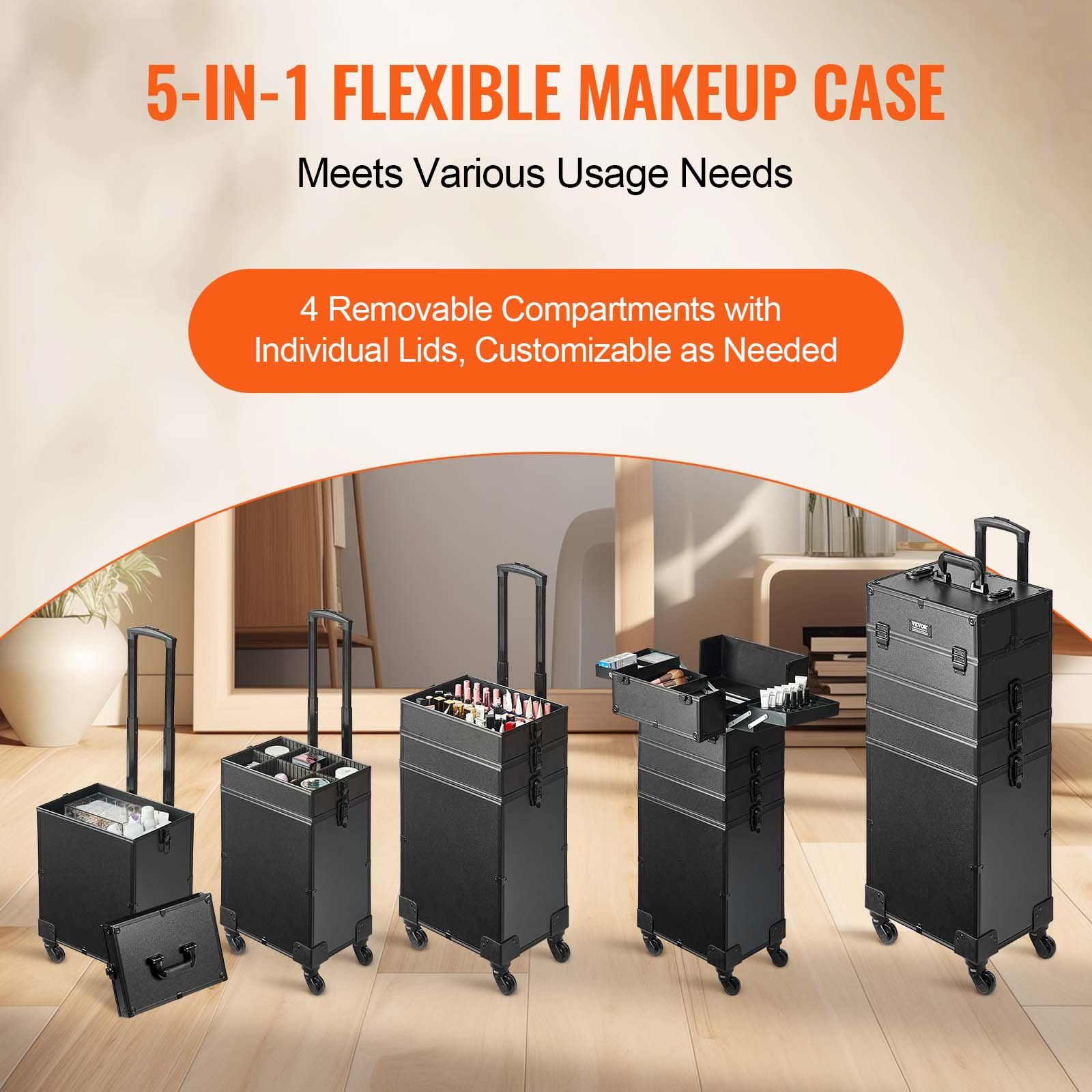 5 in 1 Professional Makeup Train Case Aluminum Cosmetic Case, Rolling Makeup Case Extra Large Trolley Makeup V952-HZXXLGS5H100K8BZXV0