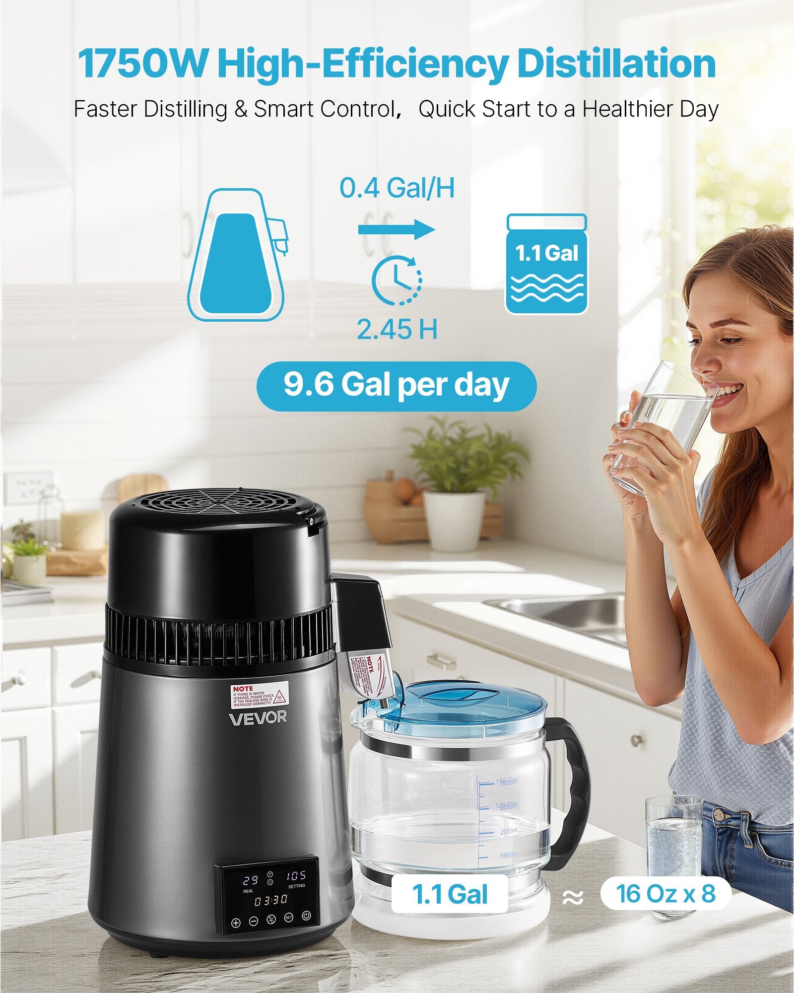 Water Distiller, 4L 1.1 Gallon Pure Water Purifier Filter For Home Table Countertop, 1750W Distilled Maker V952-ICKZBXGZLSJZ93AL2001V3