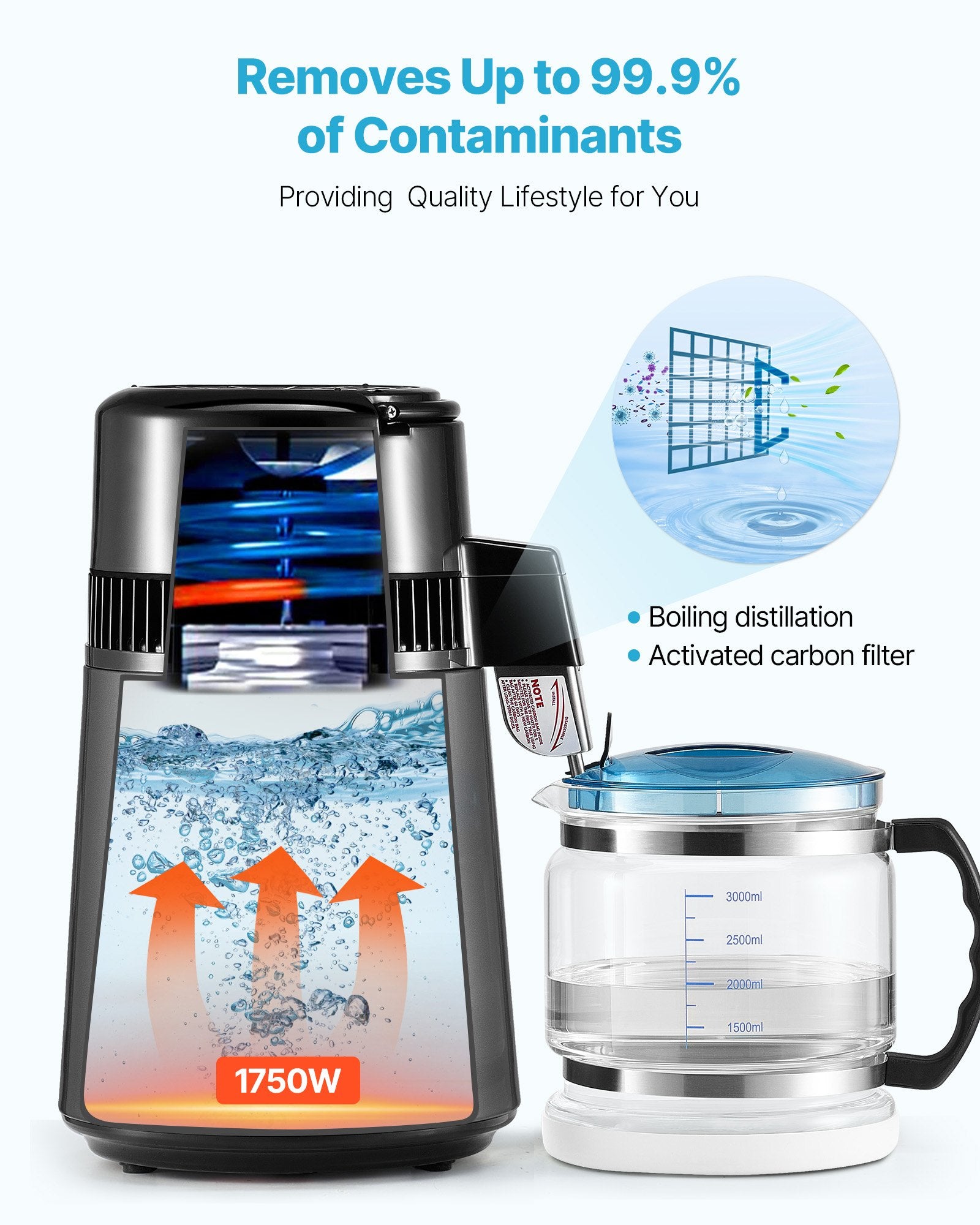 Water Distiller, 4L 1.1 Gallon Pure Water Purifier Filter For Home Table Countertop, 1750W Distilled Maker V952-ICKZBXGZLSJZ93AL2001V3