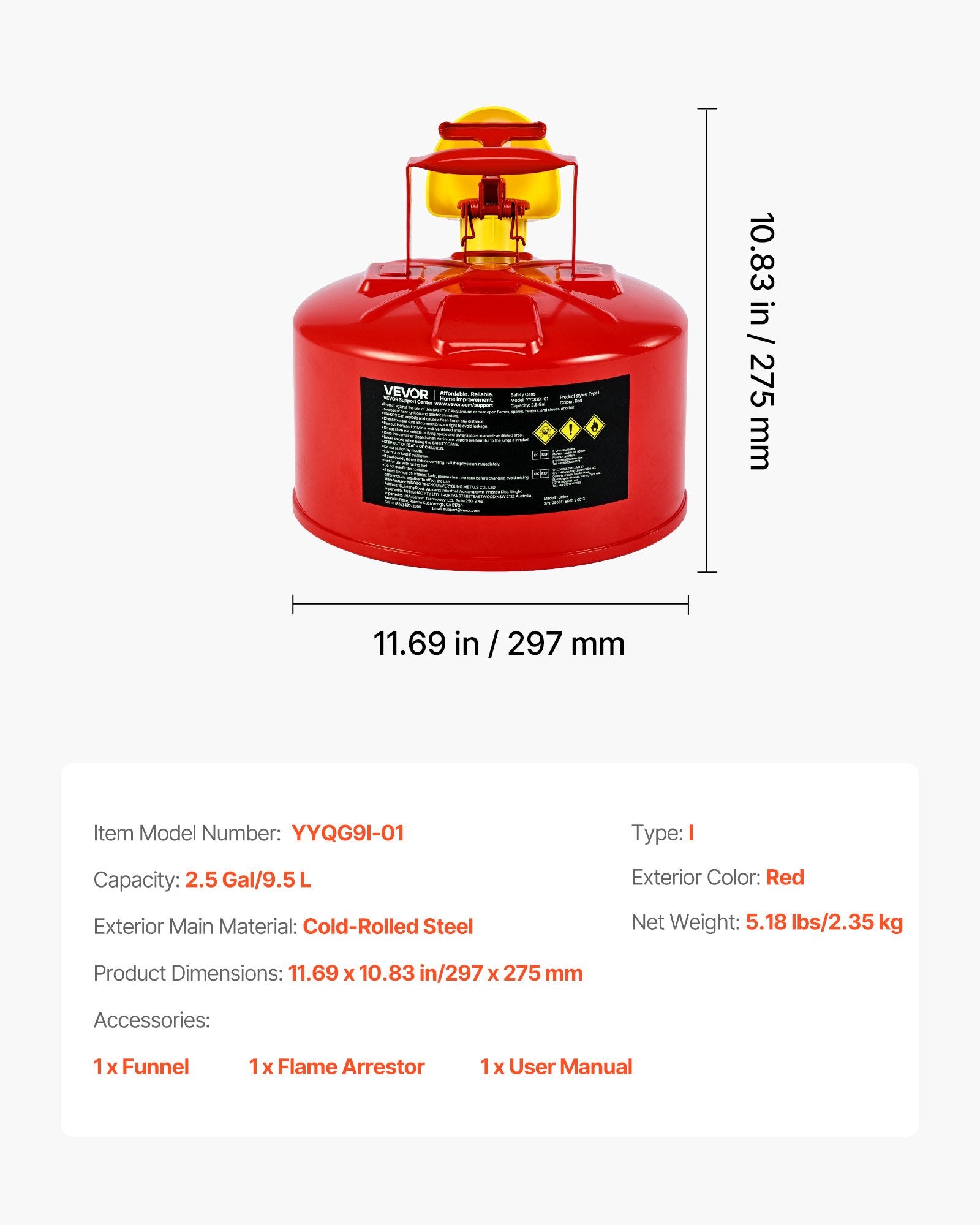 Safety Gas Can, 9.5 L Type I Red Safety Can for Gasoline with Stainless Steel Flame Arrester, Self-Closing V952-IXAQGHSJS25J0FRGJ001V0