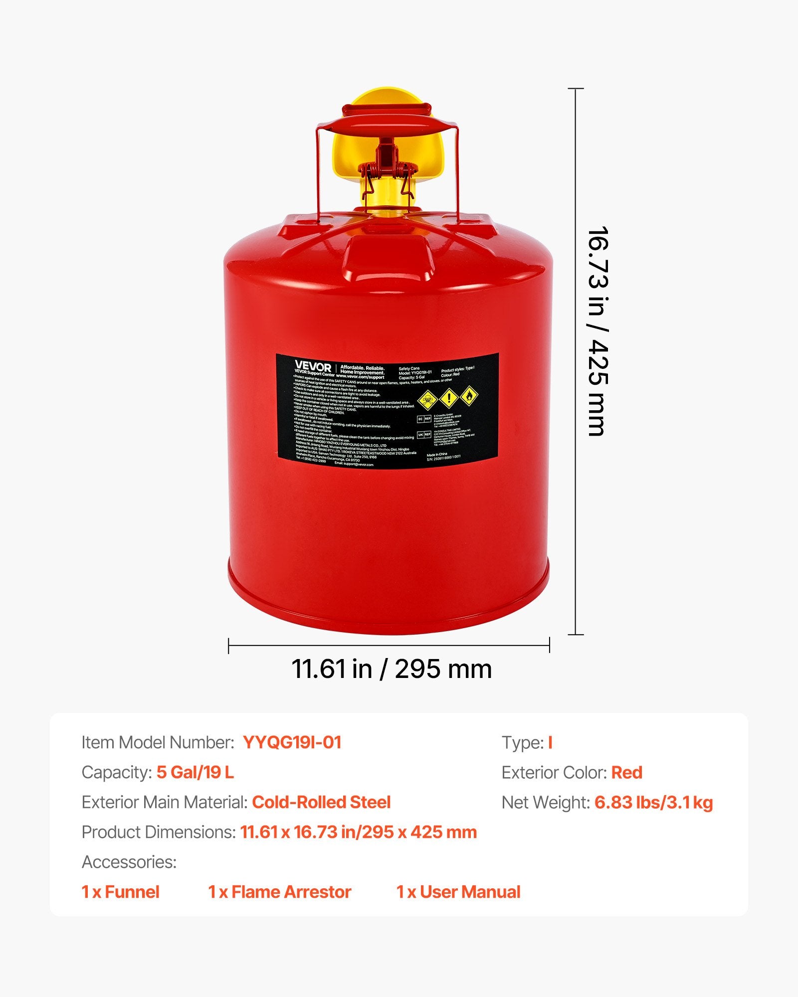 Safety Gas Can, 19 L Type I Red Safety Can for Gasoline with Stainless Steel Flame Arrester, Self-Closing V952-IXAQGHSJS5JL94ZJ9001V0