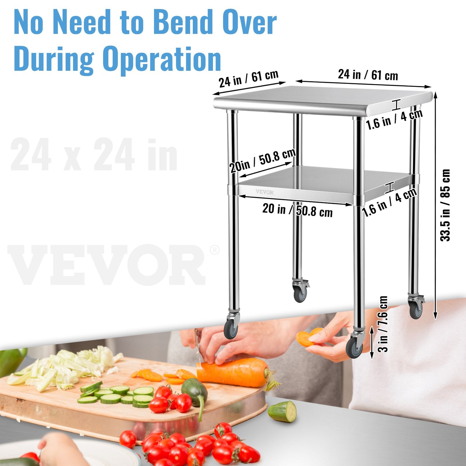 Stainless Steel Prep Table, 61 x 61 x 91.4 cm, 600lbs Load Capacity Heavy Duty Metal Worktable with V952-J24X24X36INCHBGUAV0