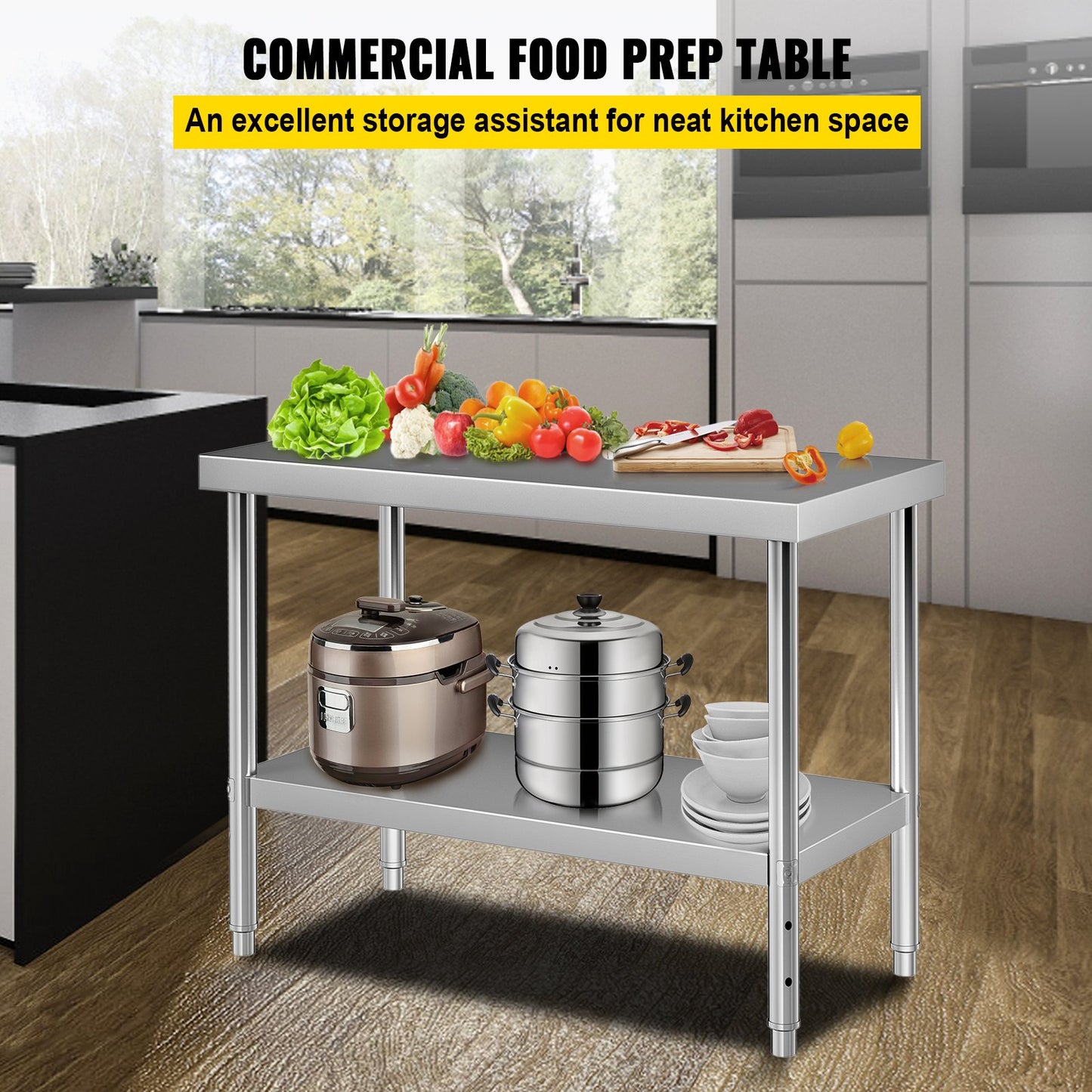 Stainless Steel Prep Table, 122 x 46 x 86 cm, 250kg Load Capacity Heavy Duty Metal Worktable with Adjustable V952-J48X18X34INCH1I8LV0