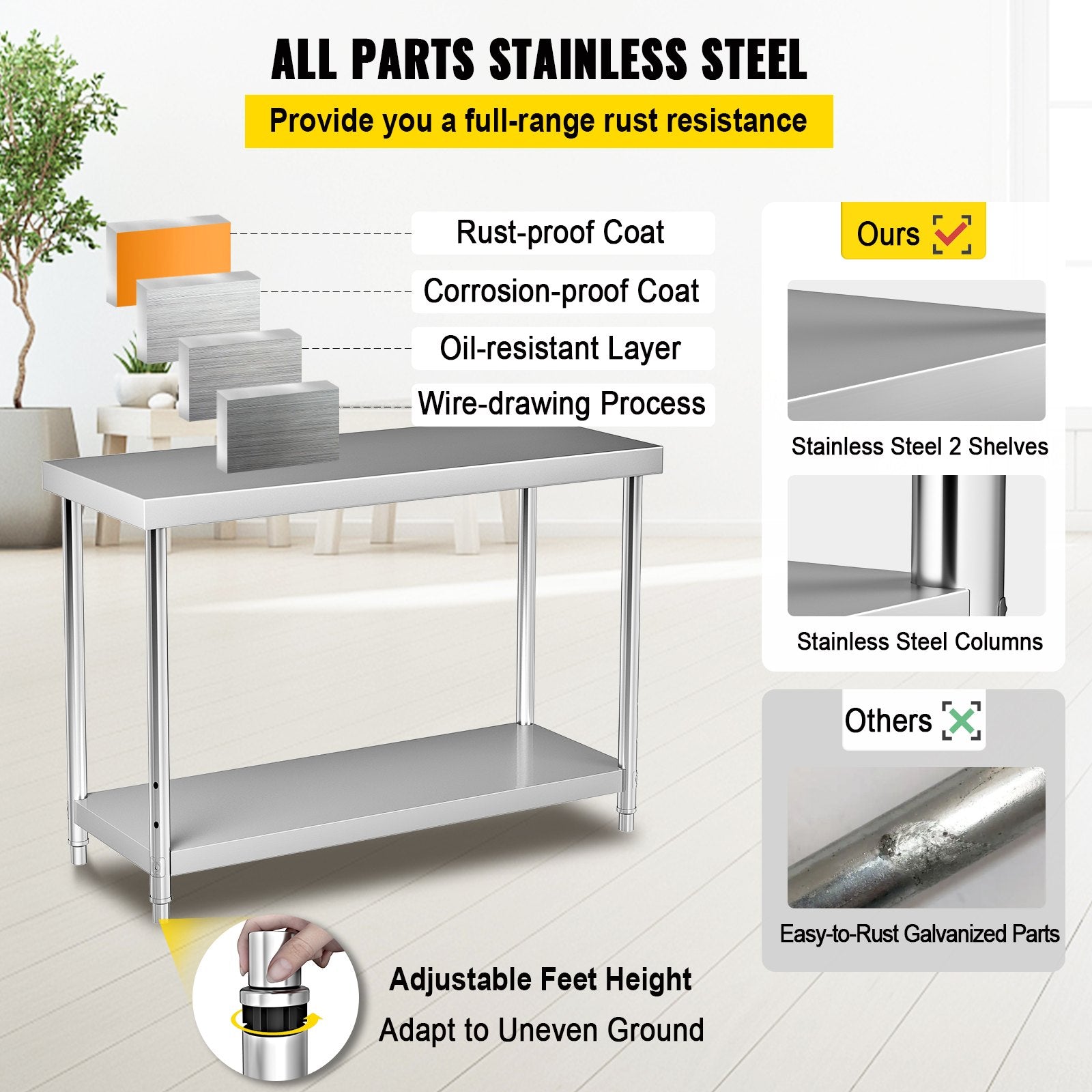 Stainless Steel Prep Table, 122 x 46 x 86 cm, 250kg Load Capacity Heavy Duty Metal Worktable with Adjustable V952-J48X18X34INCH1I8LV0