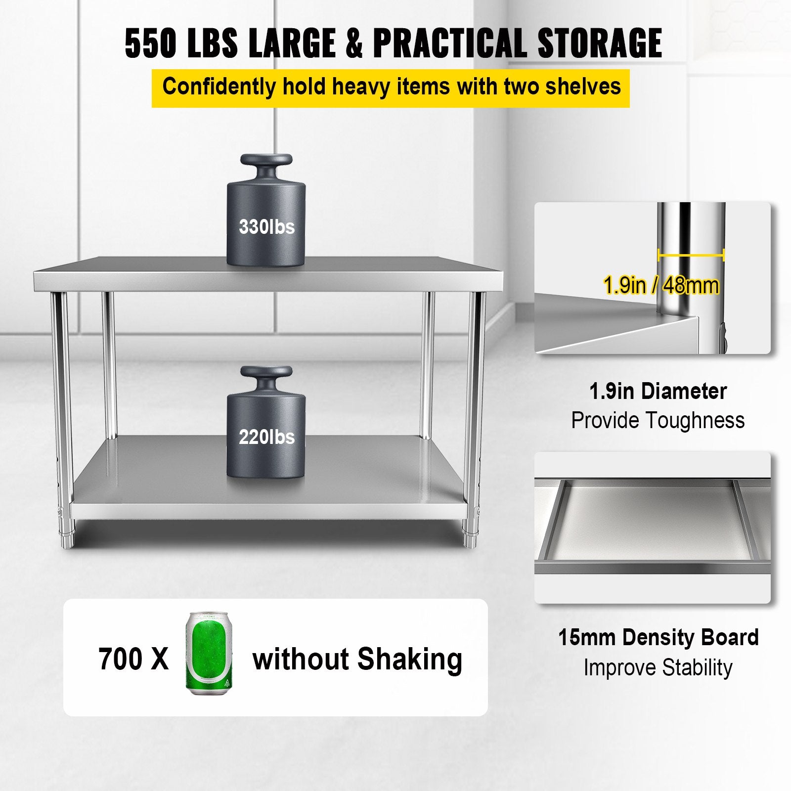 Stainless Steel Prep Table, 122 x 46 x 86 cm, 250kg Load Capacity Heavy Duty Metal Worktable with Adjustable V952-J48X18X34INCH1I8LV0