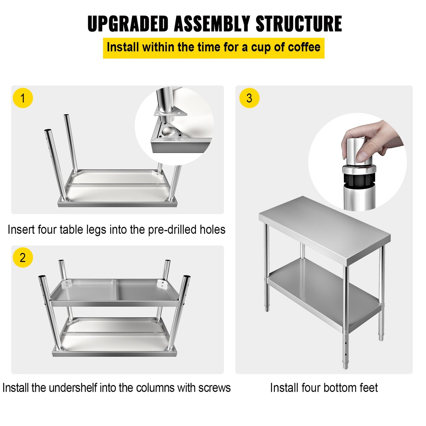 Stainless Steel Prep Table, 122 x 46 x 86 cm, 250kg Load Capacity Heavy Duty Metal Worktable with Adjustable V952-J48X18X34INCH1I8LV0