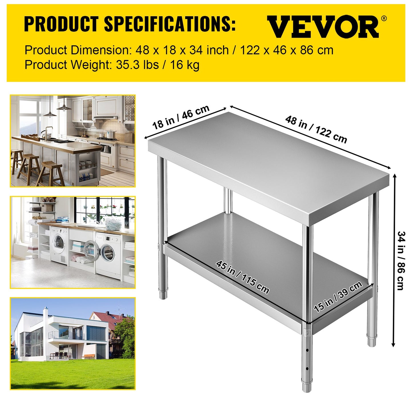 Stainless Steel Prep Table, 122 x 46 x 86 cm, 250kg Load Capacity Heavy Duty Metal Worktable with Adjustable V952-J48X18X34INCH1I8LV0