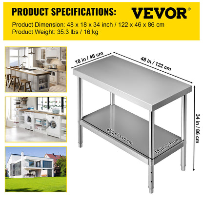 Stainless Steel Prep Table, 122 x 46 x 86 cm, 250kg Load Capacity Heavy Duty Metal Worktable with Adjustable V952-J48X18X34INCH1I8LV0