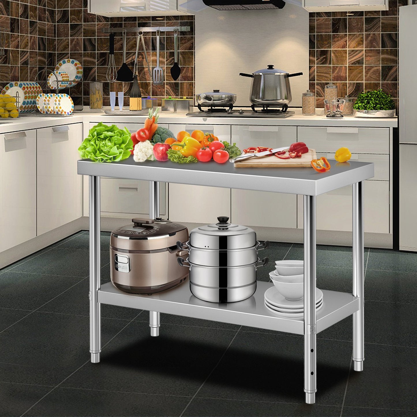Stainless Steel Prep Table, 122 x 46 x 86 cm, 250kg Load Capacity Heavy Duty Metal Worktable with Adjustable V952-J48X18X34INCH1I8LV0