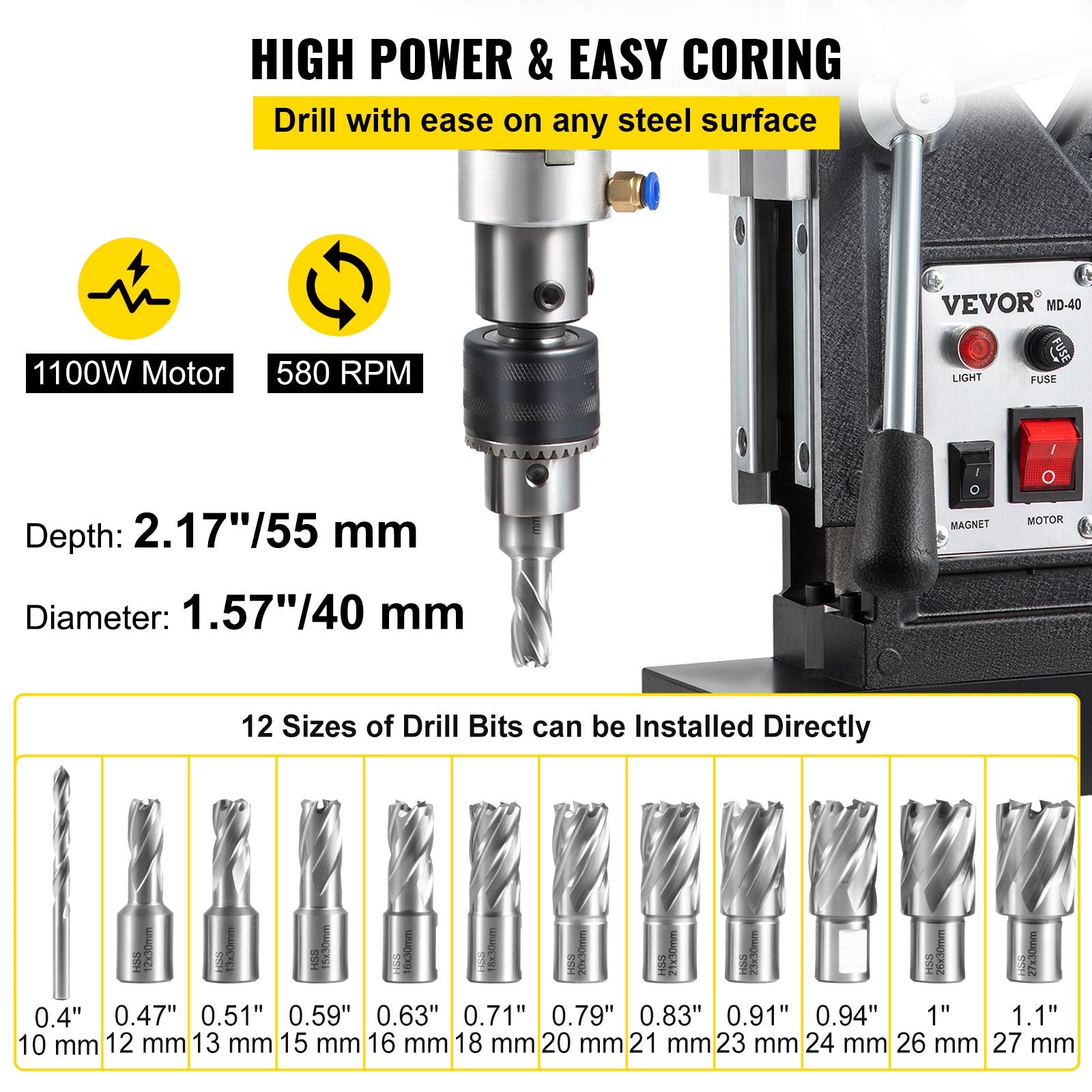 Magnetic Drill, 1100W 1.57" Boring Diameter, 2697lbf/12000N Portable Electric Mag Drill Press with 12 V952-JBLJ11PCS220V027EV3